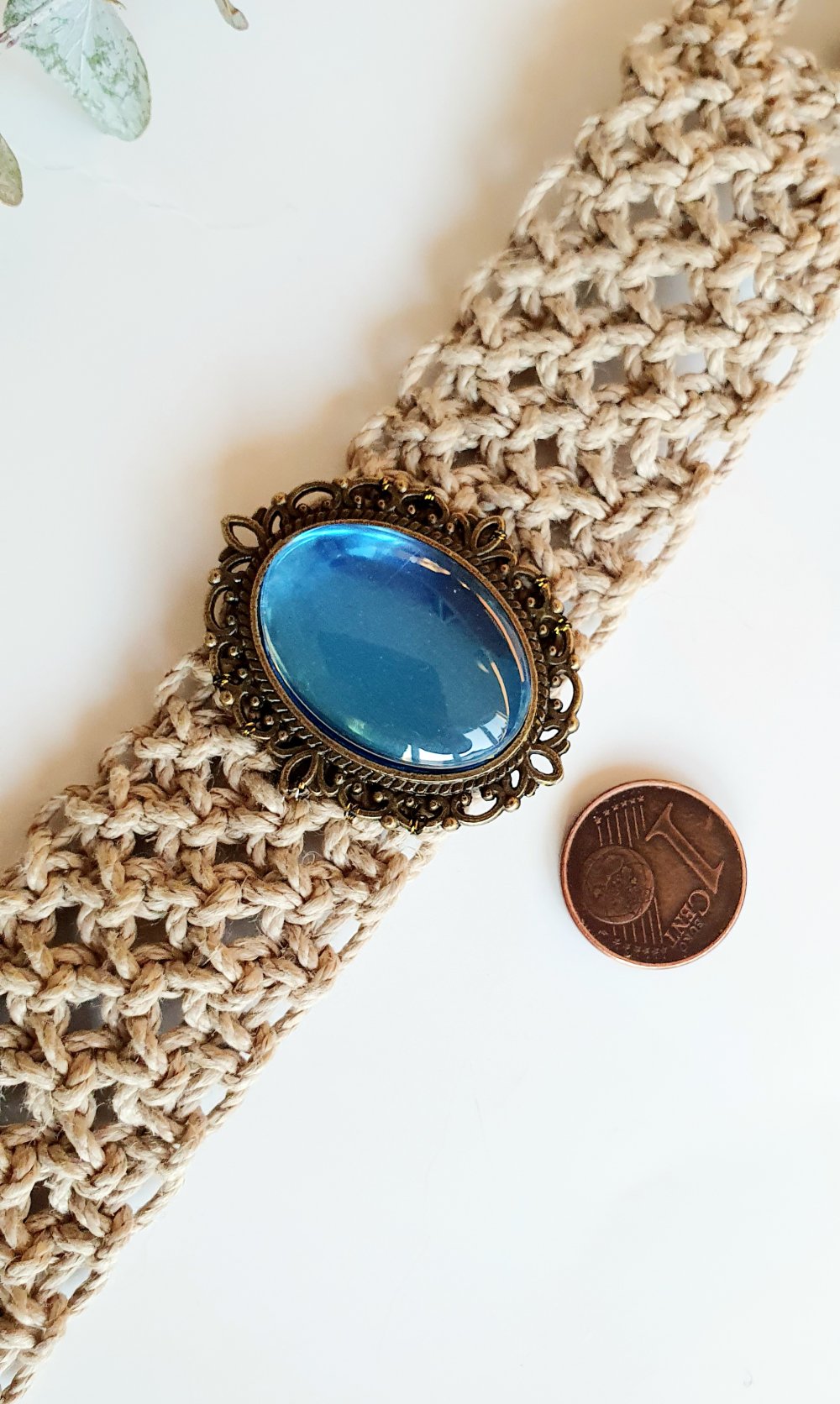 Makramee-Halsband Choker Kette blauer Glascabochon