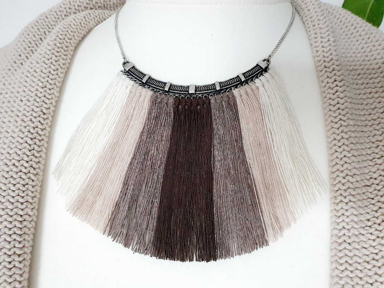 Boho Baumwoll Kette Hippie African Ethno mit Fransen braun beige weiß