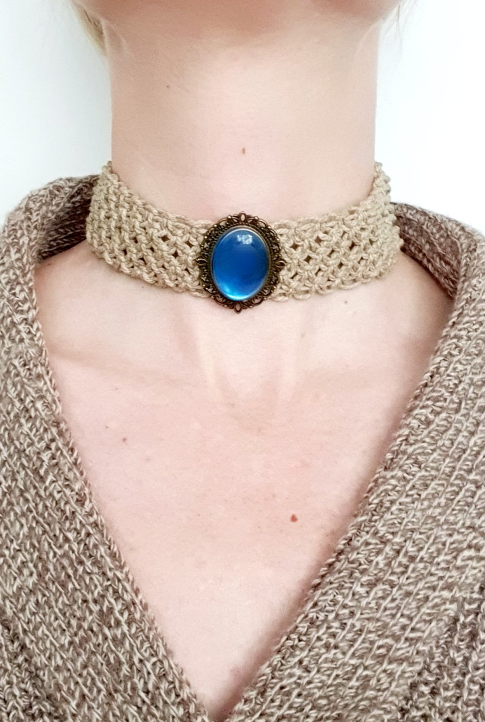 Makramee-Halsband Choker Kette blauer Glascabochon