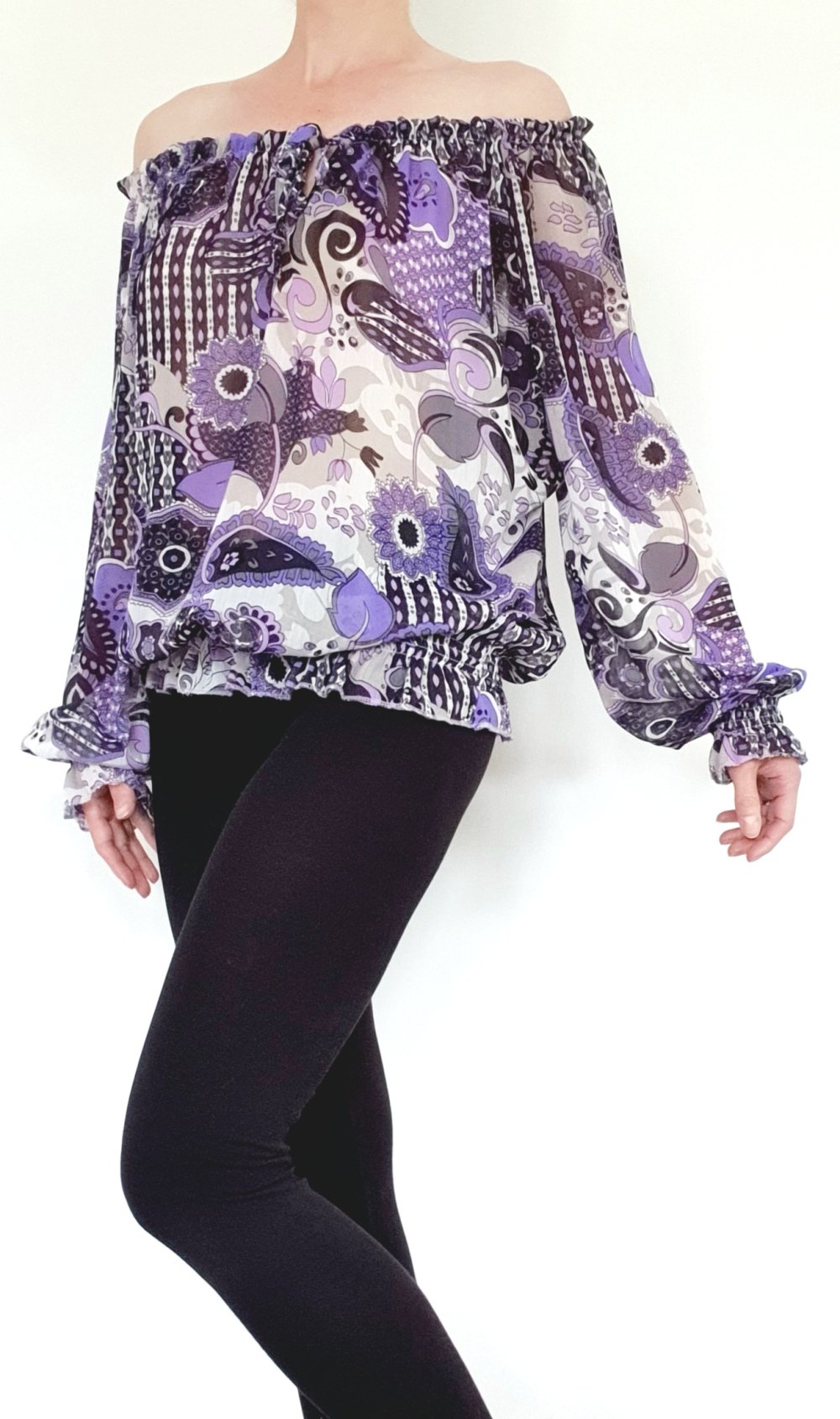 Italienische Carmenbluse Schlupftbluse offshoulder violett schwarz