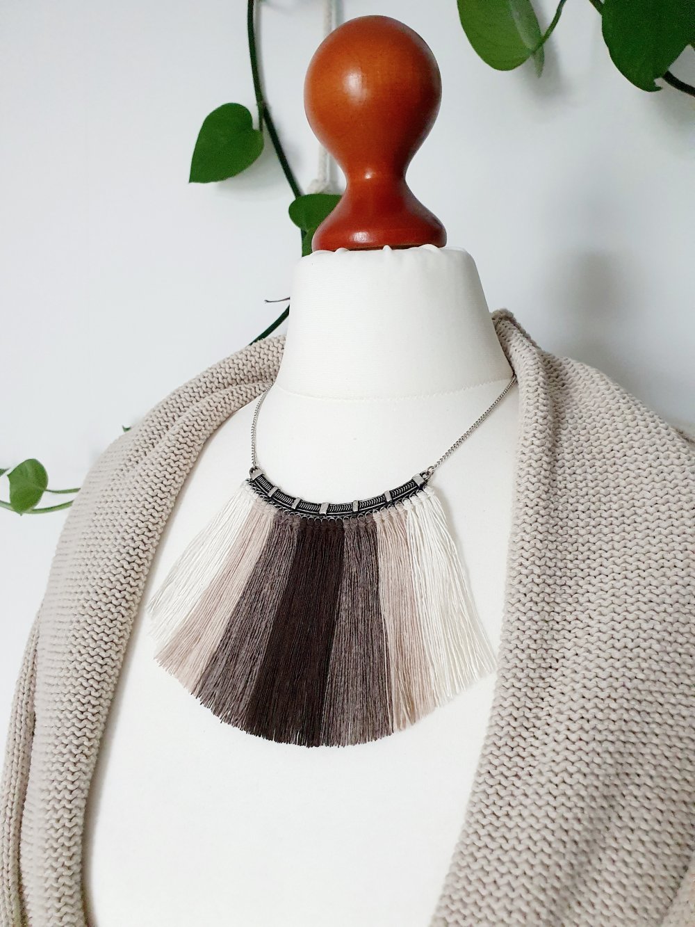 Boho Baumwoll Kette Hippie African Ethno mit Fransen braun beige weiß