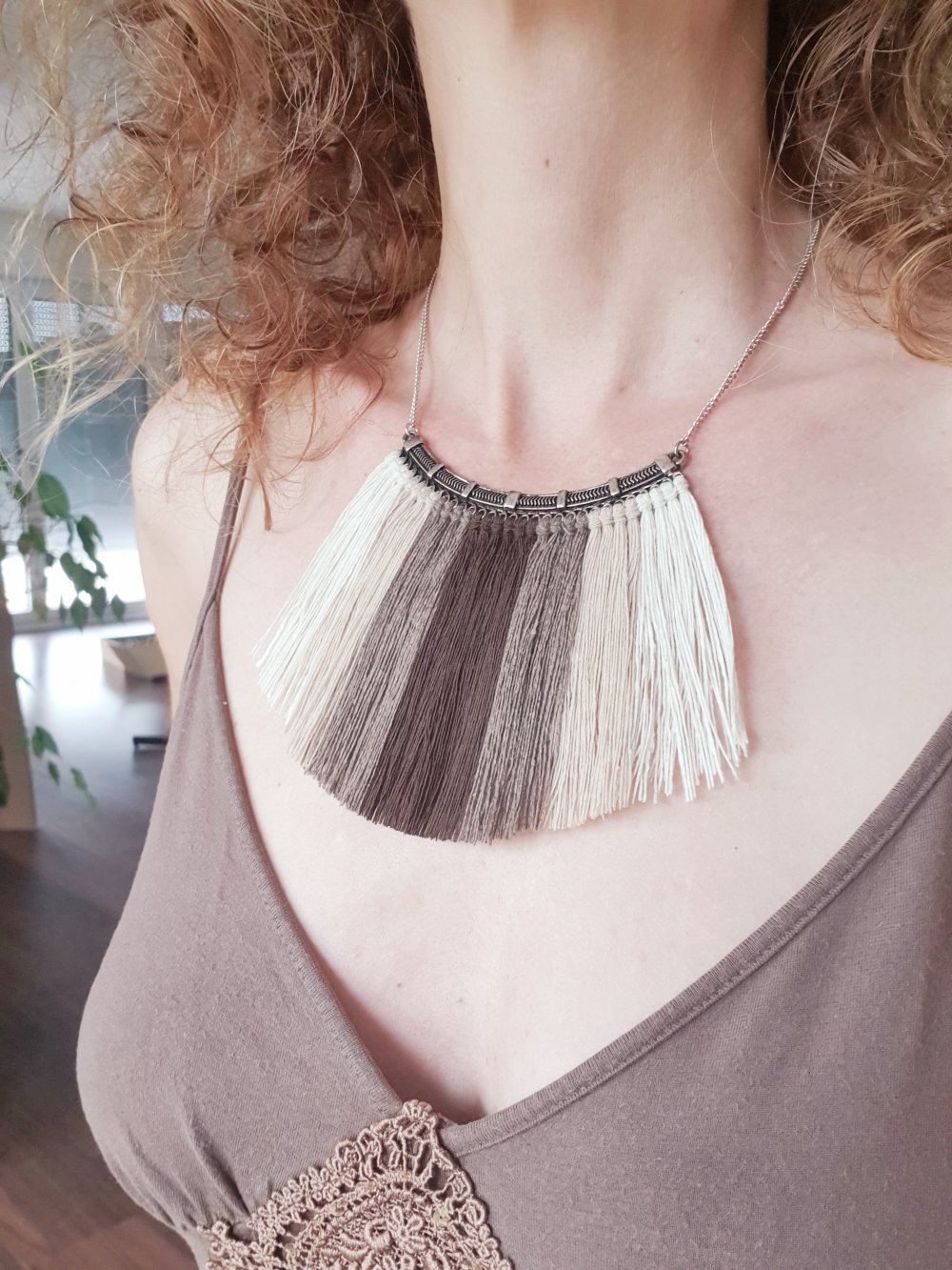 Boho Baumwoll Kette Hippie African Ethno mit Fransen braun beige weiß