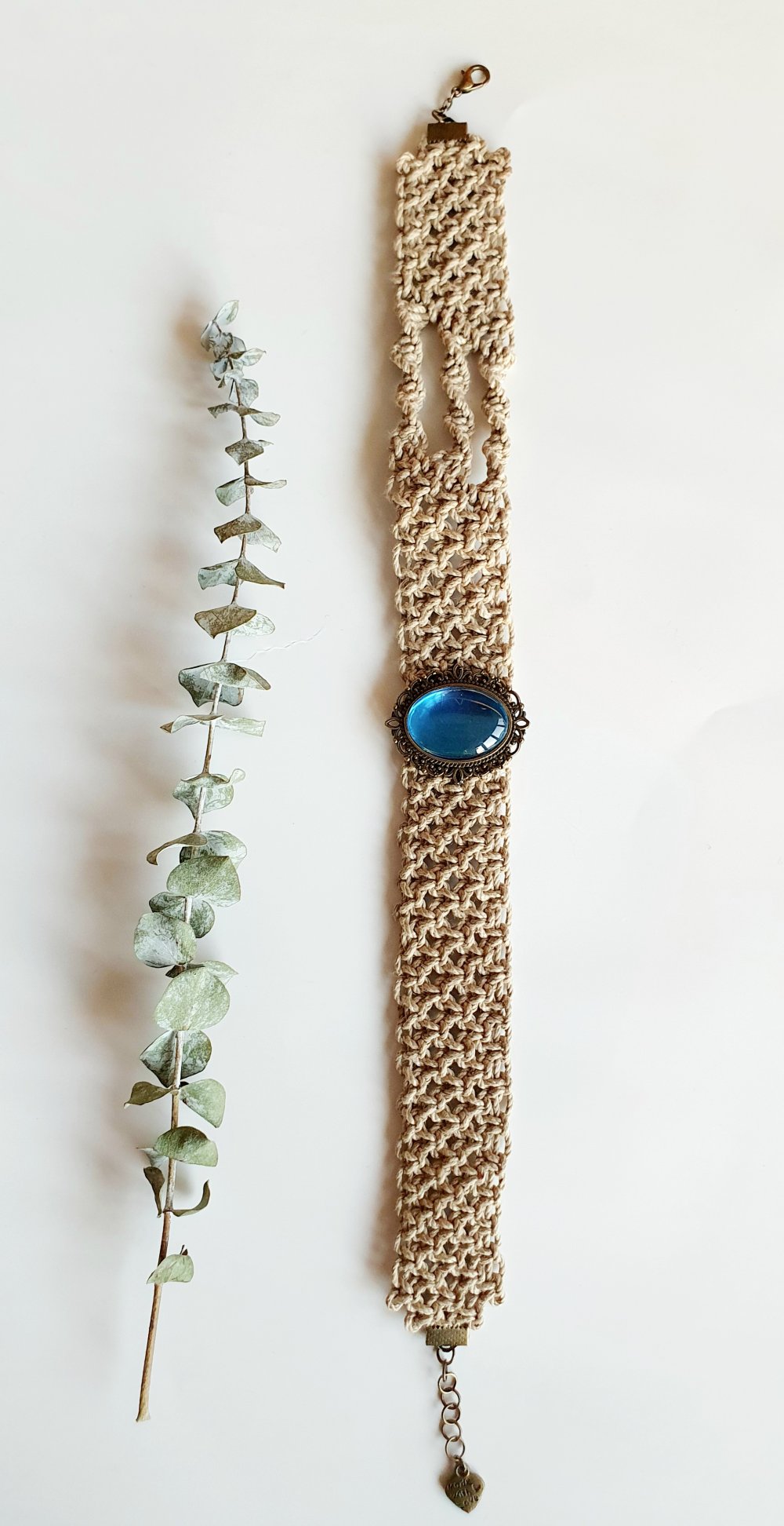 Makramee-Halsband Choker Kette blauer Glascabochon