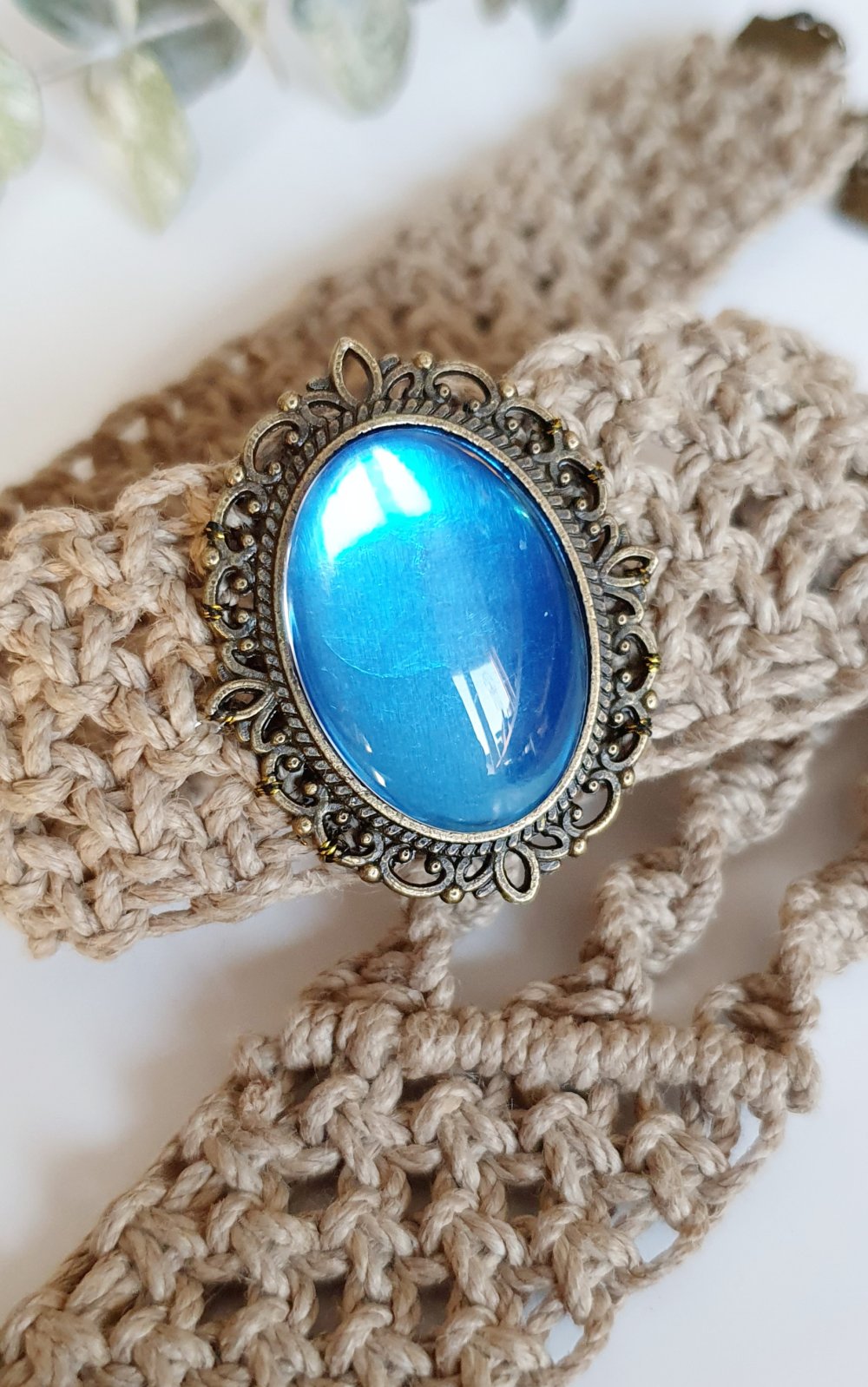 Makramee-Halsband Choker Kette blauer Glascabochon