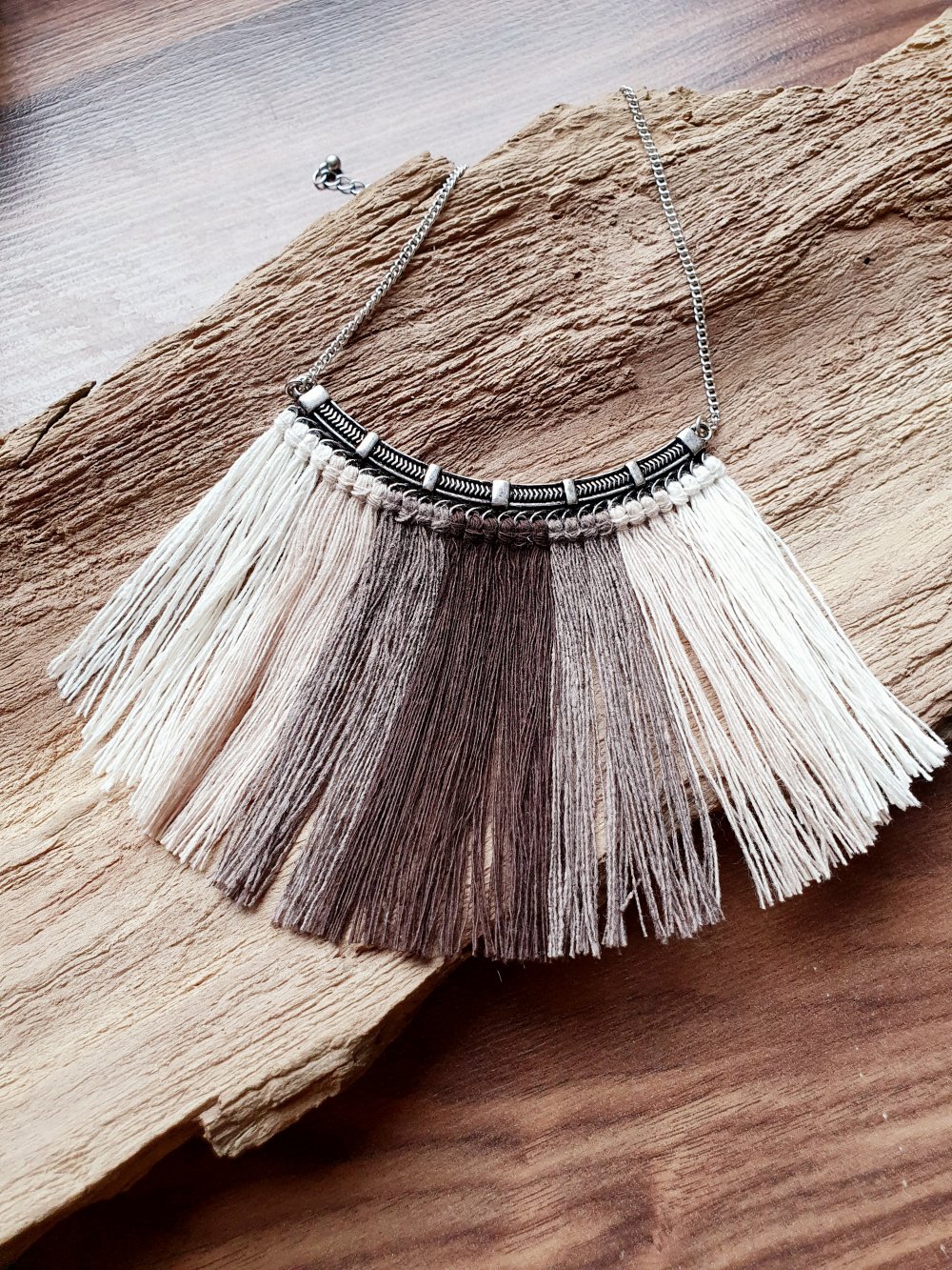 Boho Baumwoll Kette Hippie African Ethno mit Fransen braun beige weiß