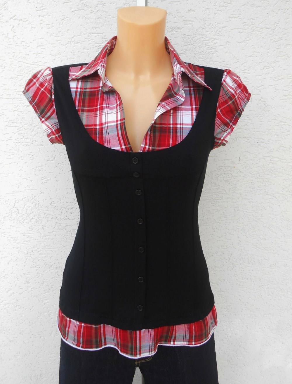 Blusen-Top Lagenlook Tally Weijl Totally Sexy 38 neuwertig schwarz kariert Stretch