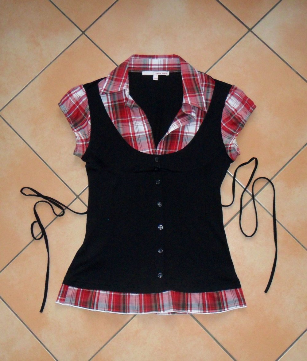 Blusen-Top Lagenlook Tally Weijl Totally Sexy 38 neuwertig schwarz kariert Stretch