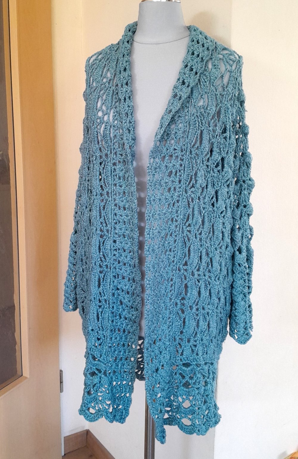 Schöne, wasserblaue Vintage Strickjacke mit Silberfäden, Gr.S/M