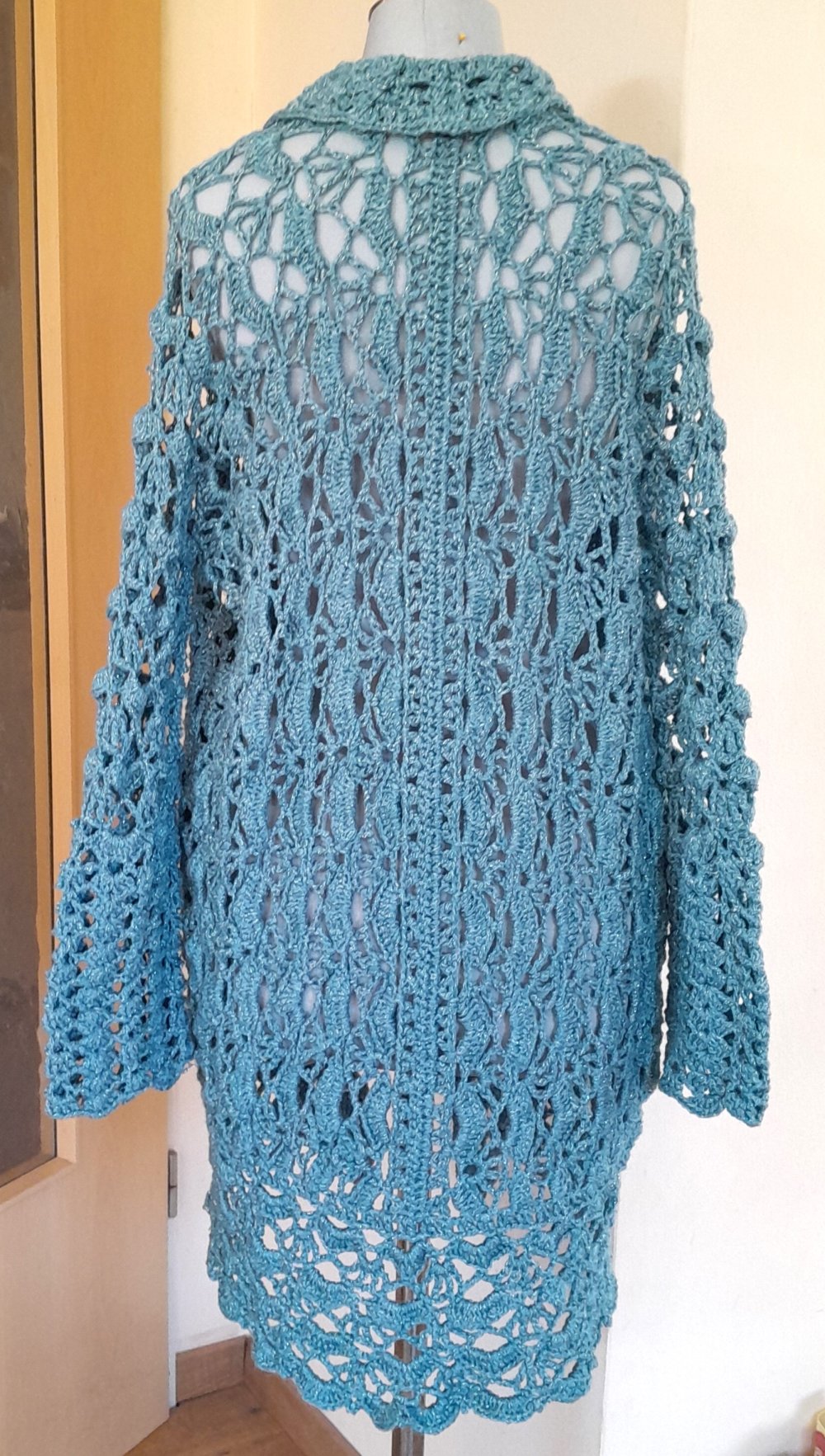 Schöne, wasserblaue Vintage Strickjacke mit Silberfäden, Gr.S/M