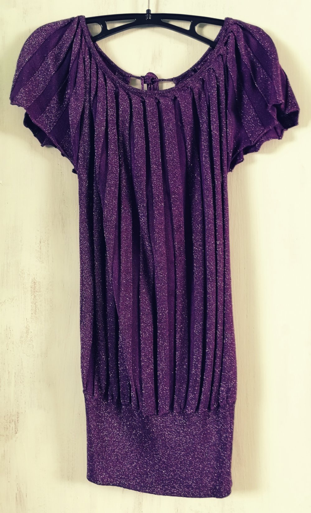 Fledermaus Pulli Faltentop Silberglitzer Lila Schößchentop Minikleid Multistyle Disco Hippie