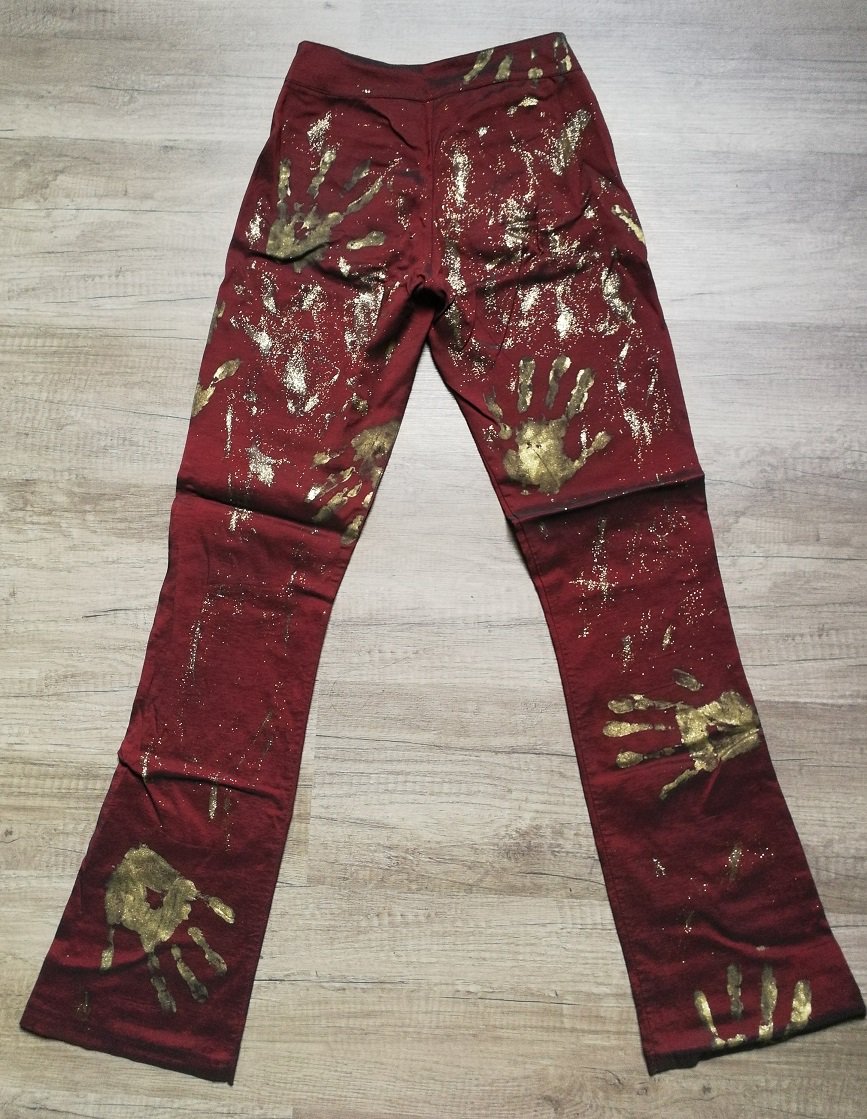 Gold rote Designer-Stoffhose Handprint! 90er Vintage weltweites Rock Fashion Unikat! Bühnenoutfit