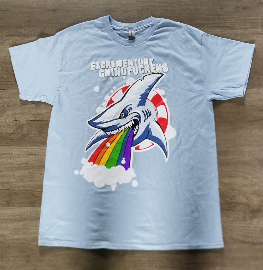 Bandshirt Excrematory Grindfuc*ers! Shark Hai Rainbow Extreme Metal Shirt Merchandise Unisex