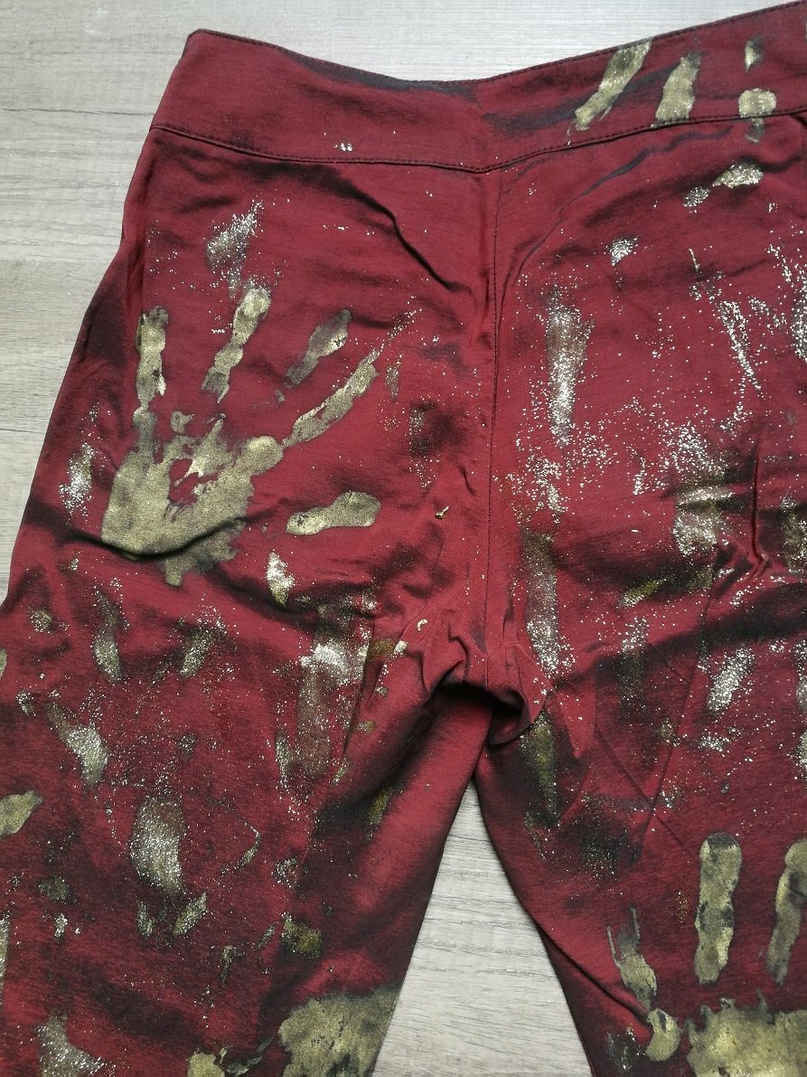 Gold rote Designer-Stoffhose Handprint! 90er Vintage weltweites Rock Fashion Unikat! Bühnenoutfit