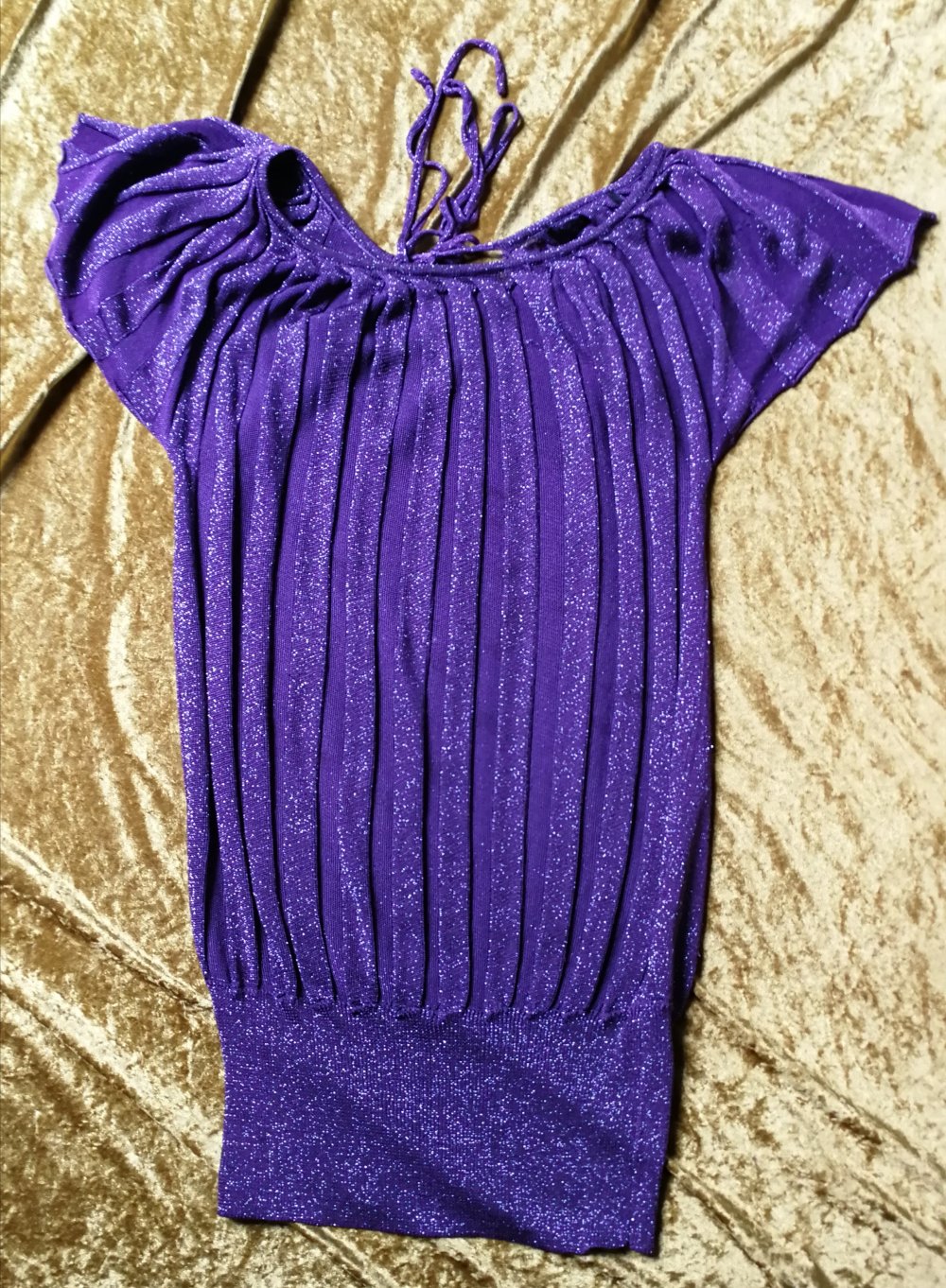 Fledermaus Pulli Faltentop Silberglitzer Lila Schößchentop Minikleid Multistyle Disco Hippie
