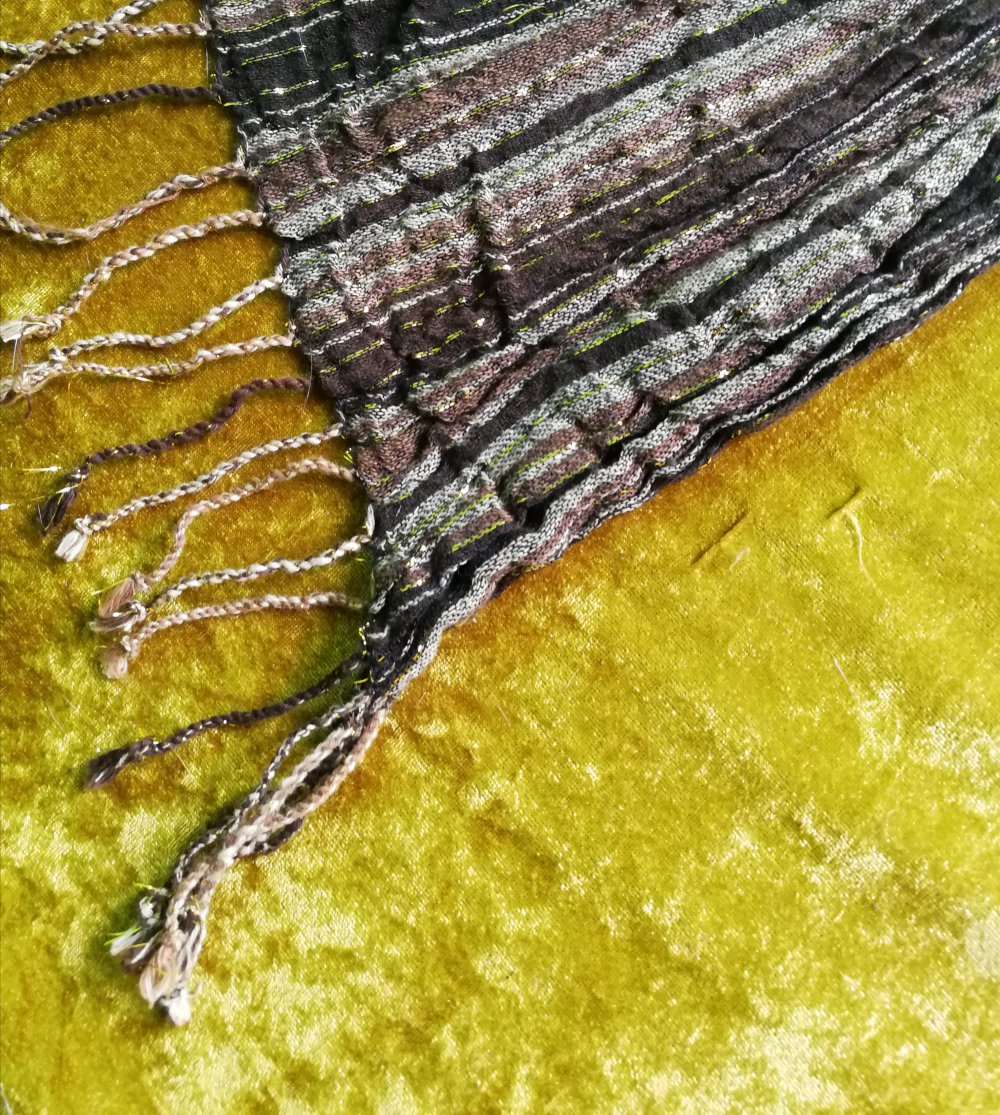 Schal Fransenschal Halstuch Krinkelschal Gold Glitzerfäden 90er Vintage Boho Hippie Oriental