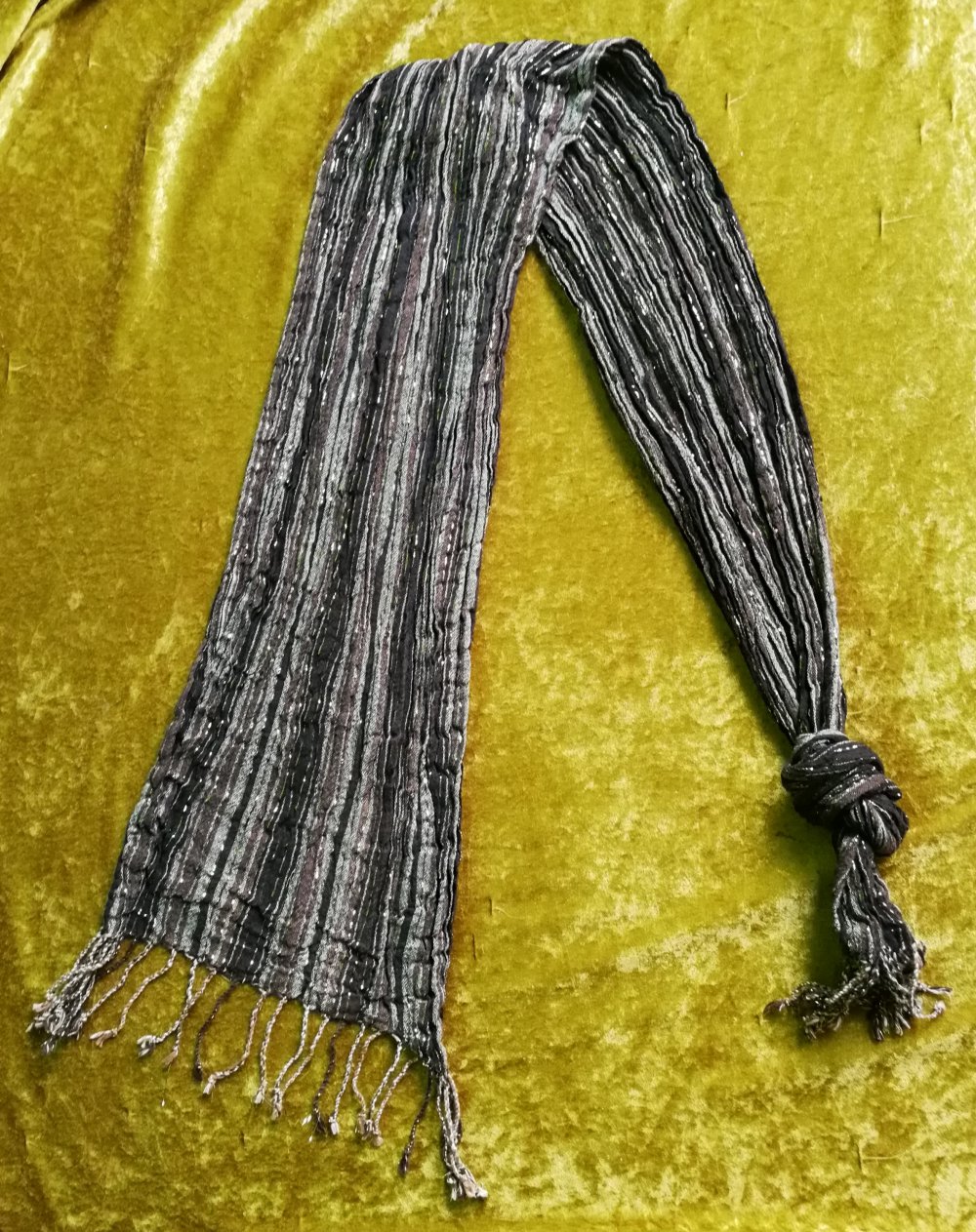 Schal Fransenschal Halstuch Krinkelschal Gold Glitzerfäden 90er Vintage Boho Hippie Oriental