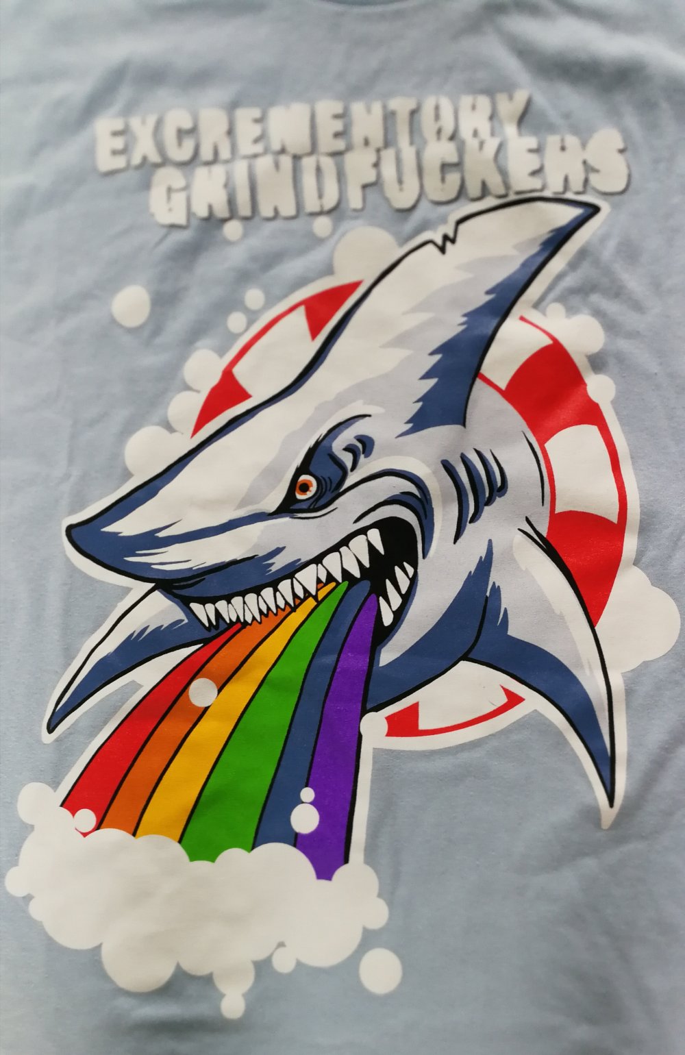 Bandshirt Excrematory Grindfuc*ers! Shark Hai Rainbow Extreme Metal Shirt Merchandise Unisex