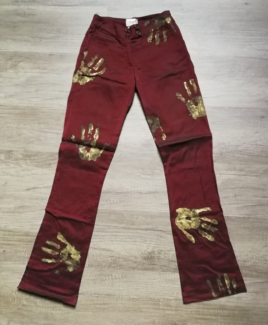 Gold rote Designer-Stoffhose Handprint! 90er Vintage weltweites Rock Fashion Unikat! Bühnenoutfit