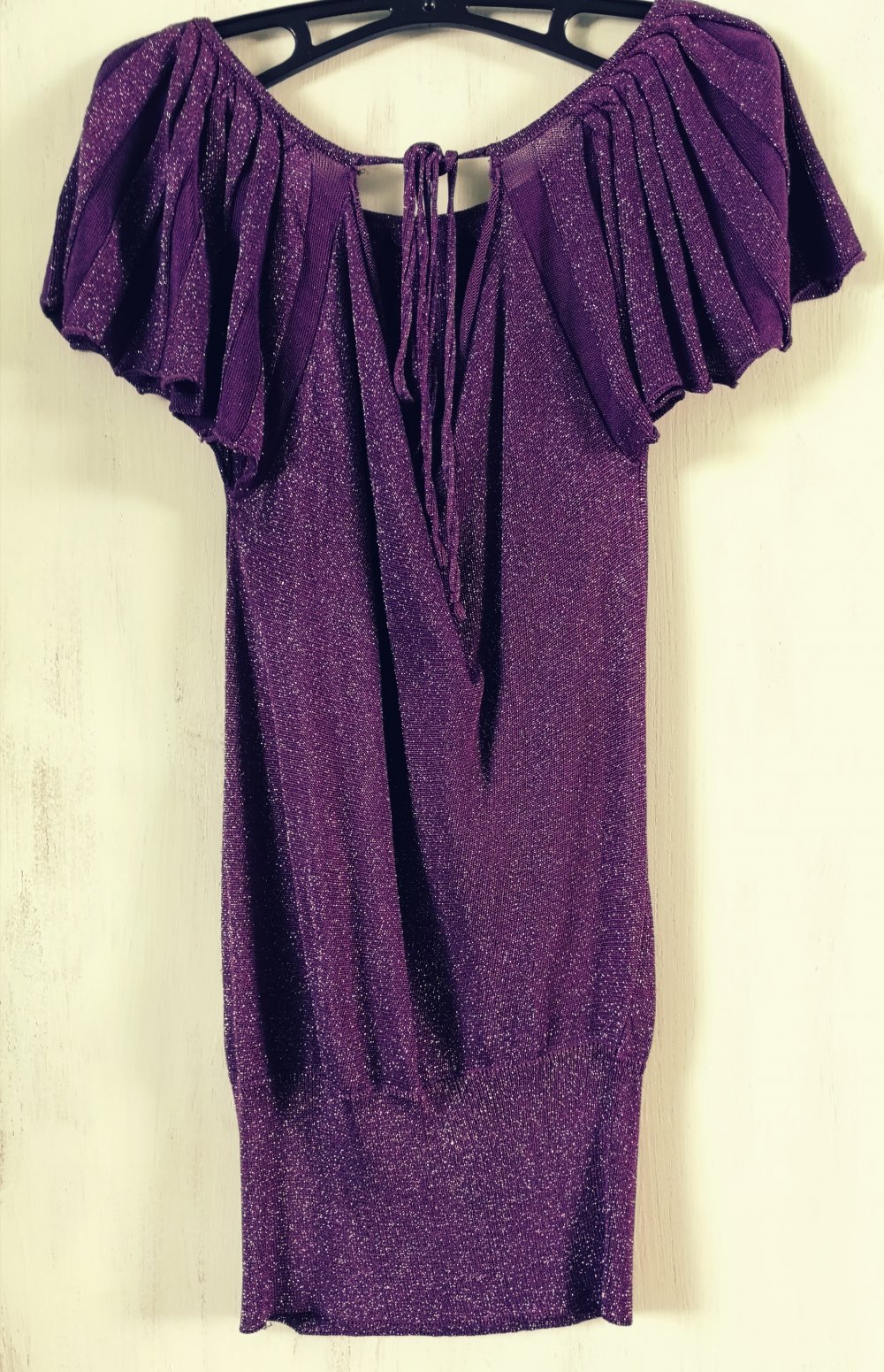 Fledermaus Pulli Faltentop Silberglitzer Lila Schößchentop Minikleid Multistyle Disco Hippie