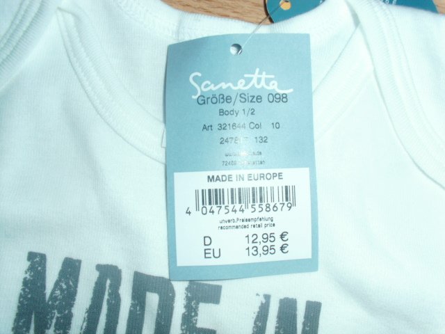 Bodyvon Sanetta, weiß mit Spruch, Gr. 98 mit Etikett