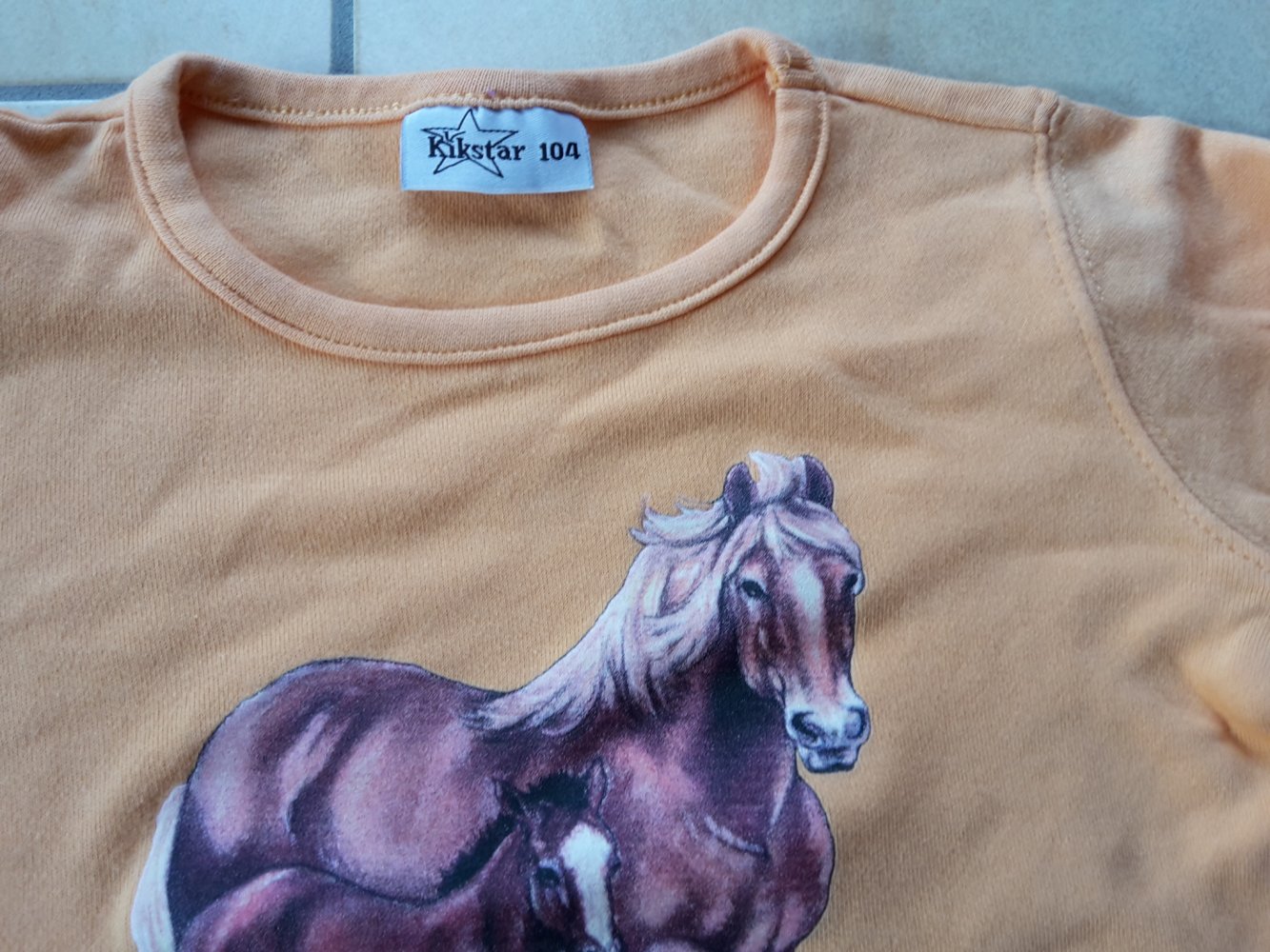 schönes oranges LAShirt mit Pferdemotiv in Gr. 104
