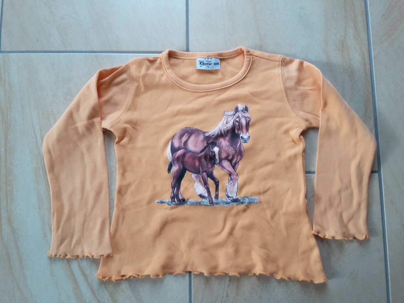 schönes oranges LAShirt mit Pferdemotiv in Gr. 104