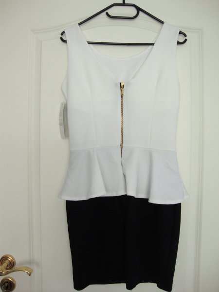 Schößchen Kleid mit Kette, Peplum, Weiß-Schwarz