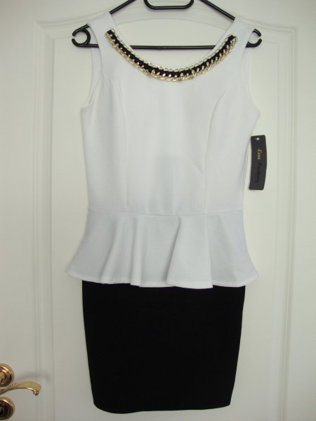 Schößchen Kleid mit Kette, Peplum, Weiß-Schwarz
