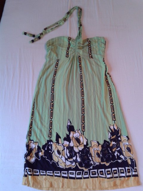 schönes Sommerkleid, hellgrün, gelb, schwarz, Neckholder, S, 36/38, Muster, Blumen