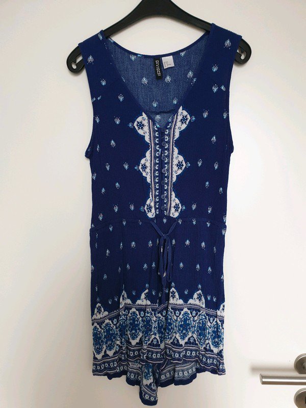 Jumpsuit Einteiler dunkelblau marineblau H&M mit Muster weiß türkis