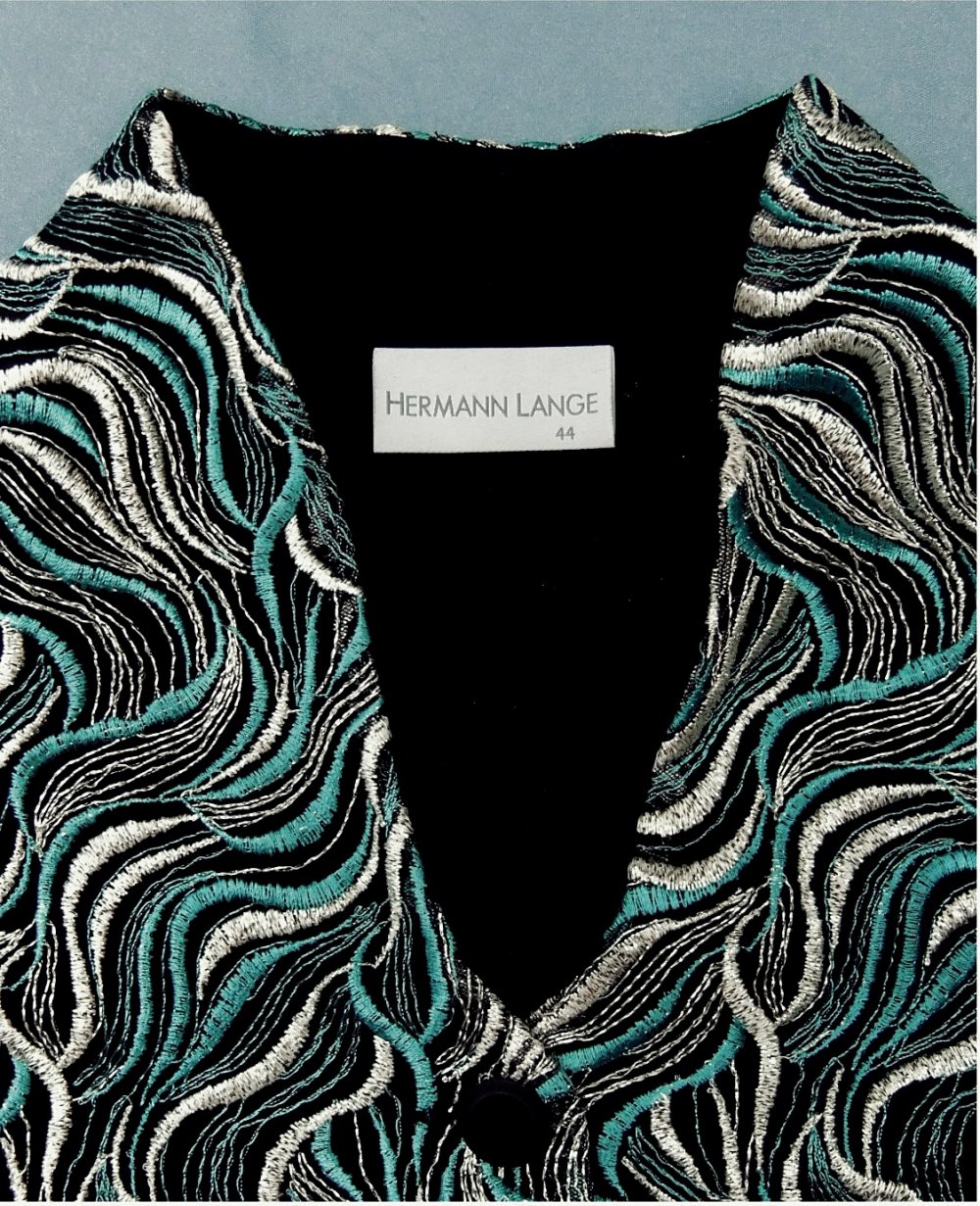  Kurzärmliche Damen-Jacke / Blazer von Hermann Lange - glänzend türkis / silber gewellt - Aus Rayon , Polyester , Metall - Größe 44 