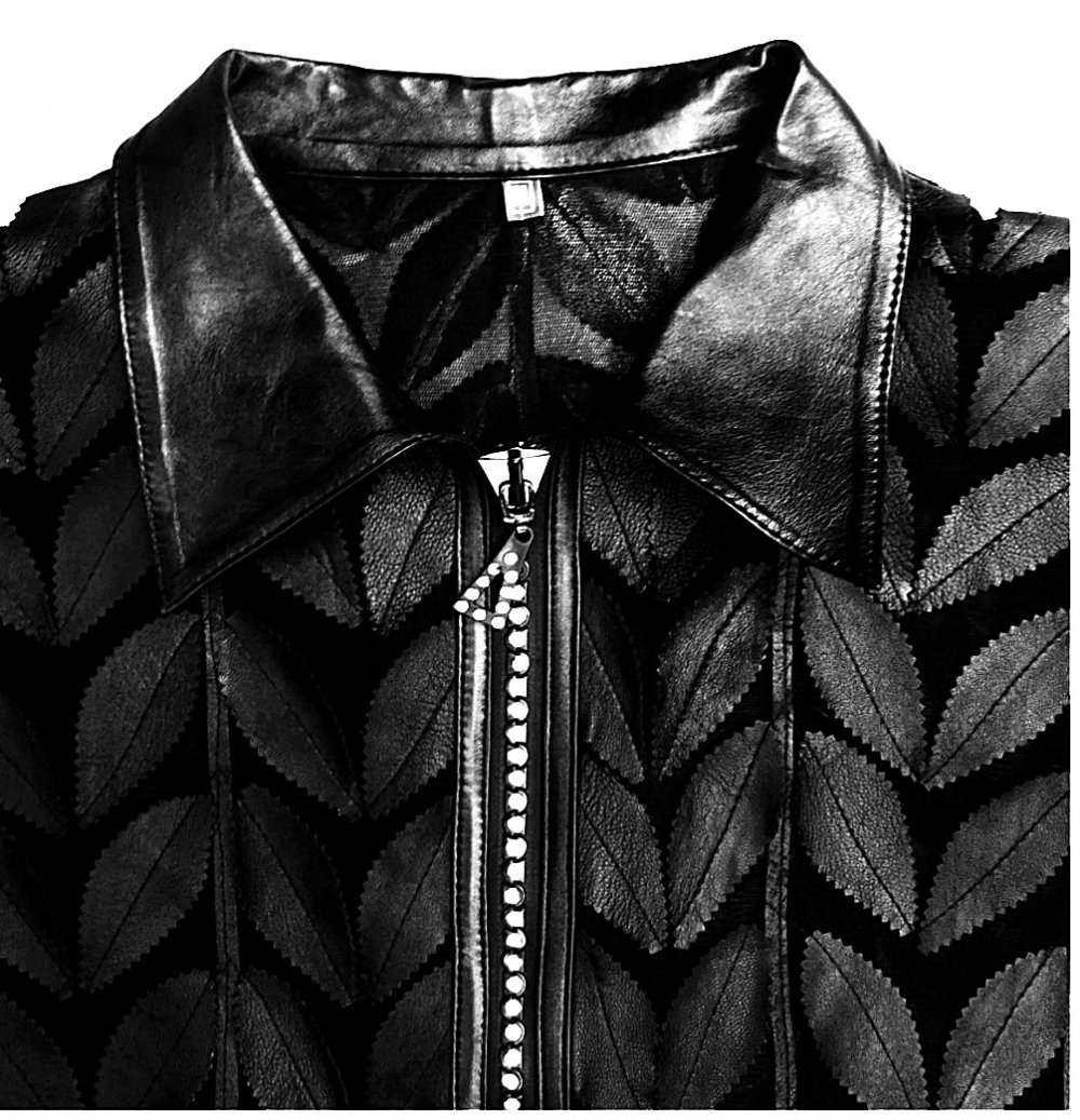 Netzjacke mit Echtleder Blättern und Glitzer-Steinchen Reißverschluß - Gr. XXL ( 44-46 ) schwarz