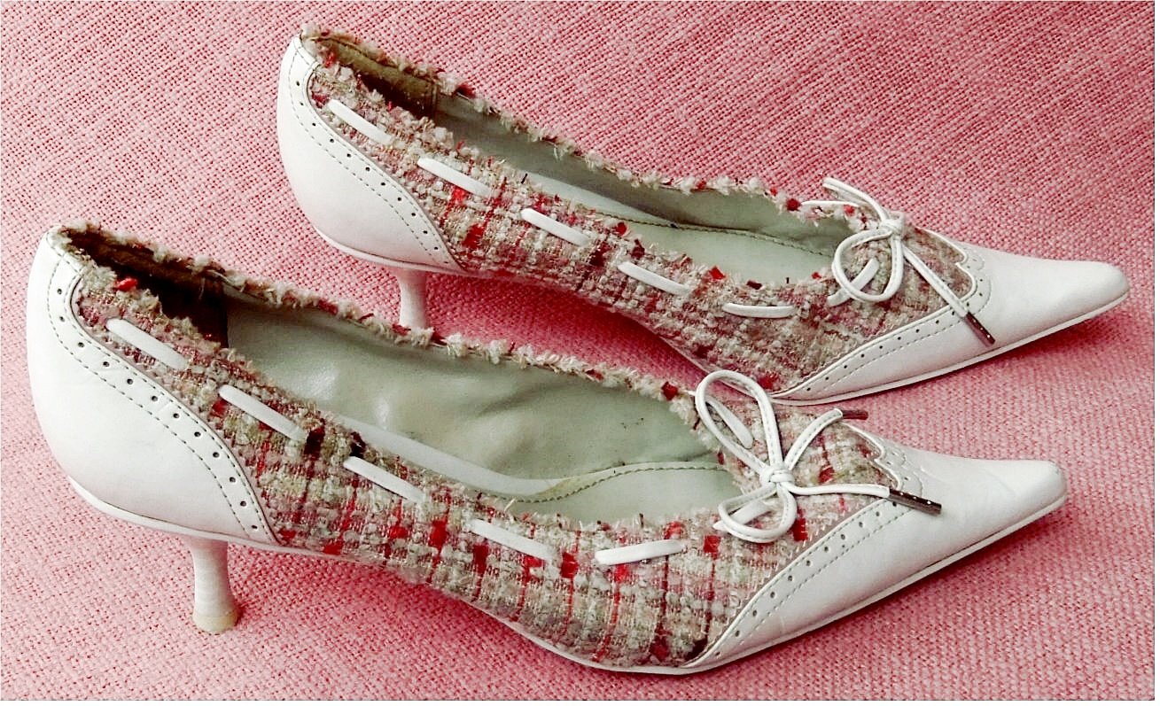 Spitzlaufende Van der Laan Damen-Stöckelschuhe in Weiß / Textil - Größe 39