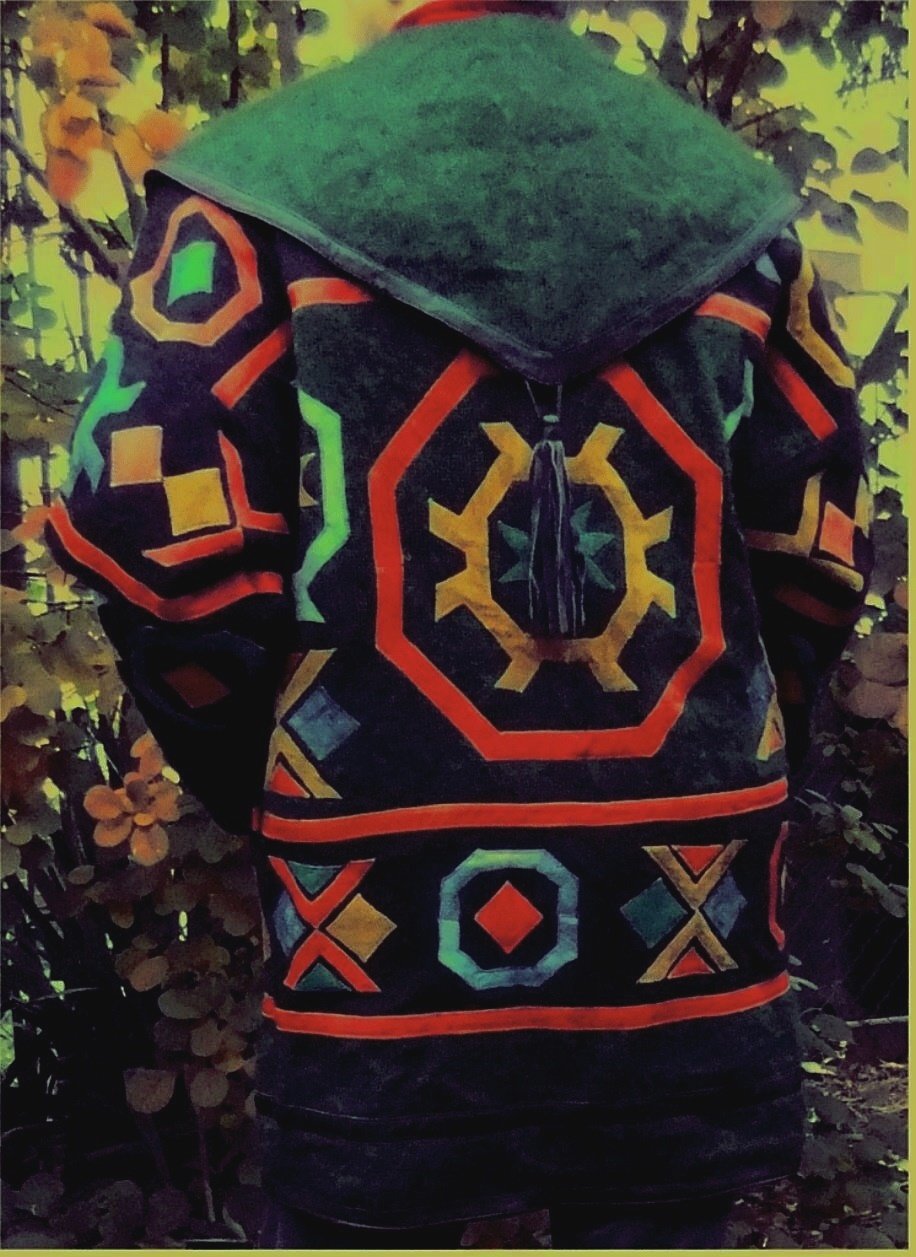 Macht den Winter bunt ; einzigartige Schurwoll-Jacke mit farbigem Lederbesatz - Größe 42 / 44