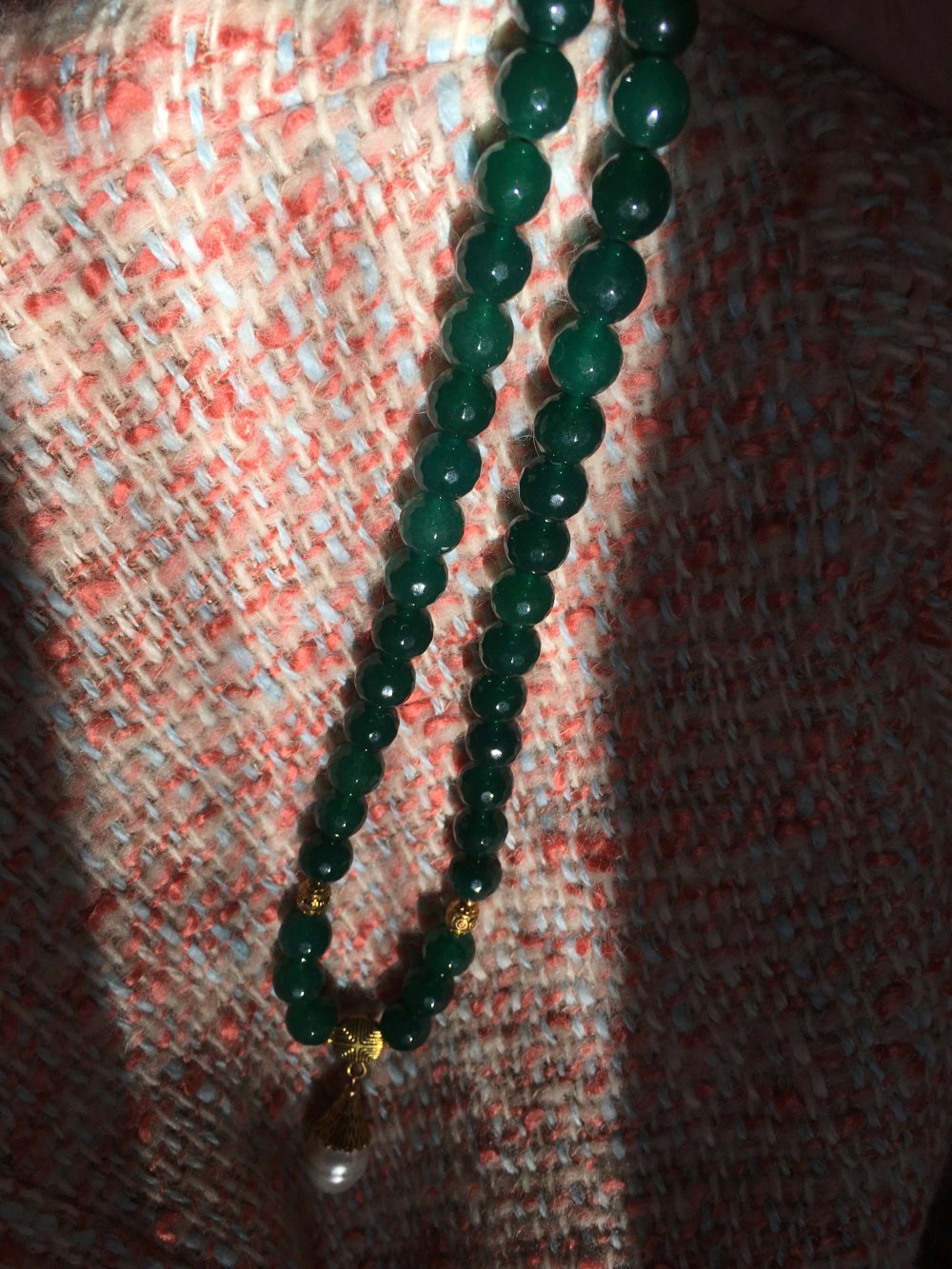 Edelstein Collier, grüne echt Steine + große Perle,