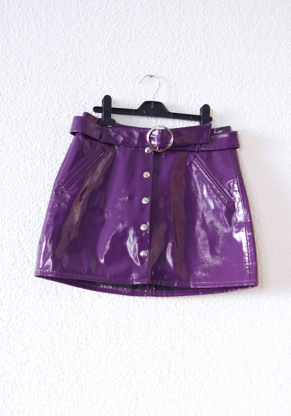 Shiny Vinylrock Gr. M 38 Schnalle Gürtel lila PVC Lack Techno Festival Berghain Rave