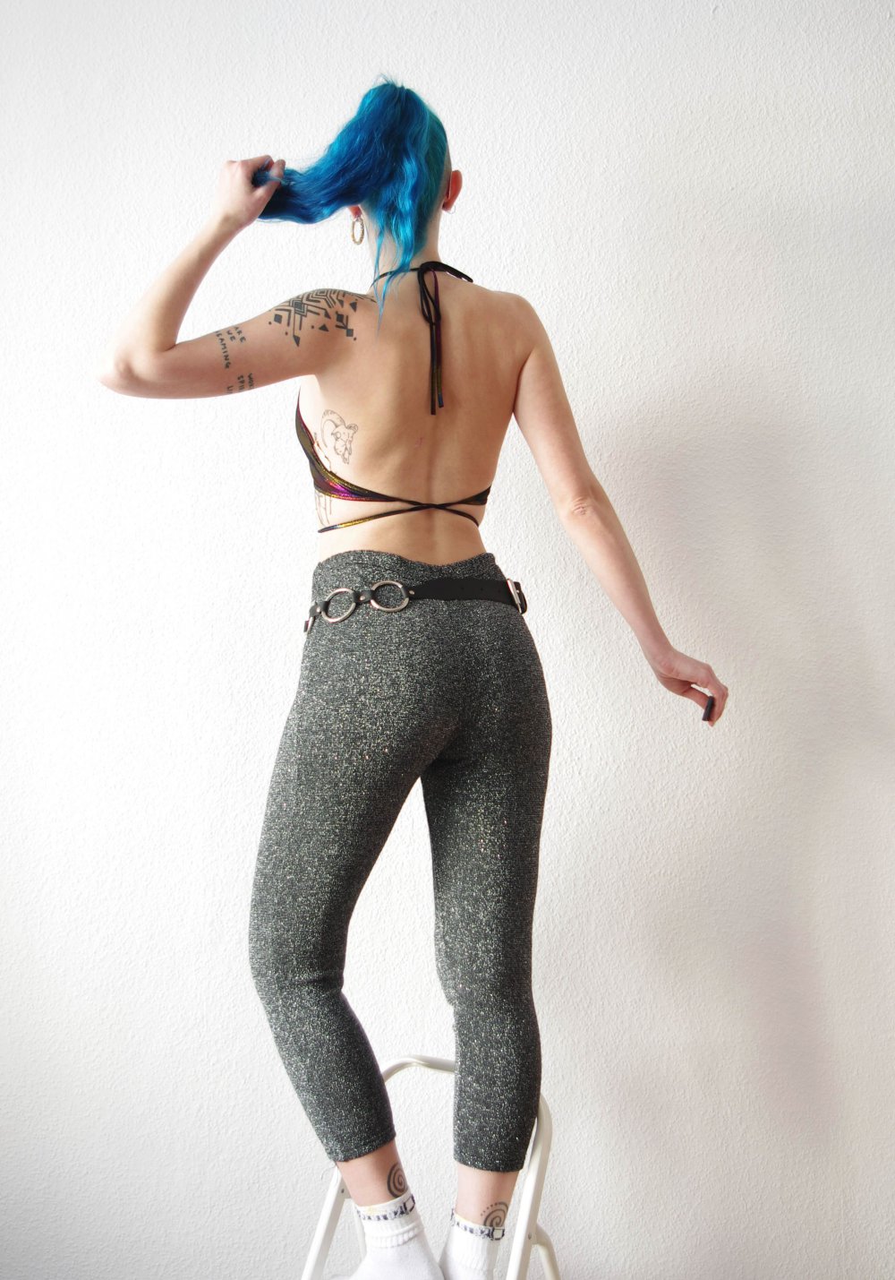 Shiny Glitzer Leggings Gr. M L schwarz silber highwaist Technobarbie Gothic Festival Rave