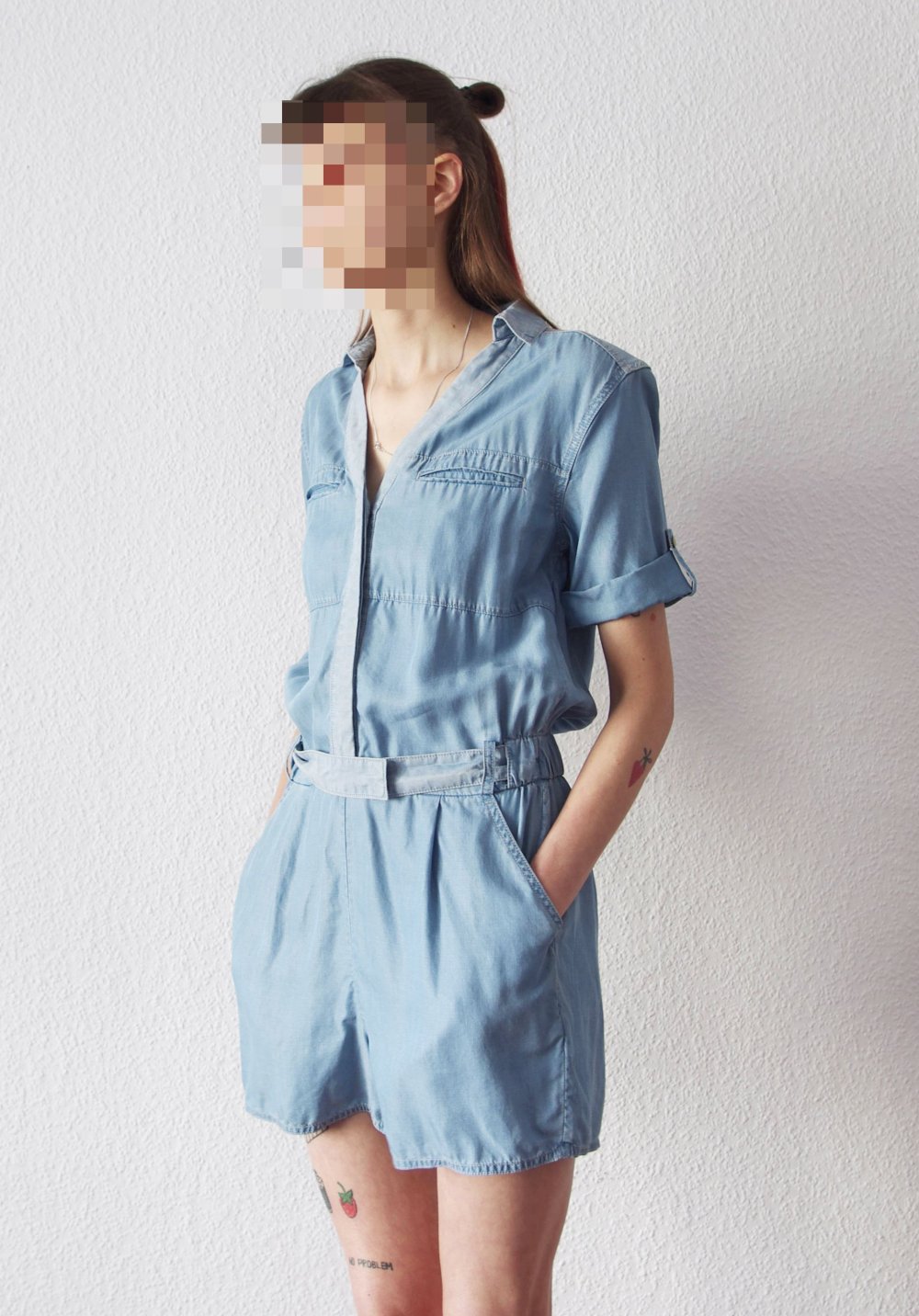 All Saints Jada kurzer Denim Playsuit Gr. 38 S M Jeansoptik Overall Jumpsuit Techno