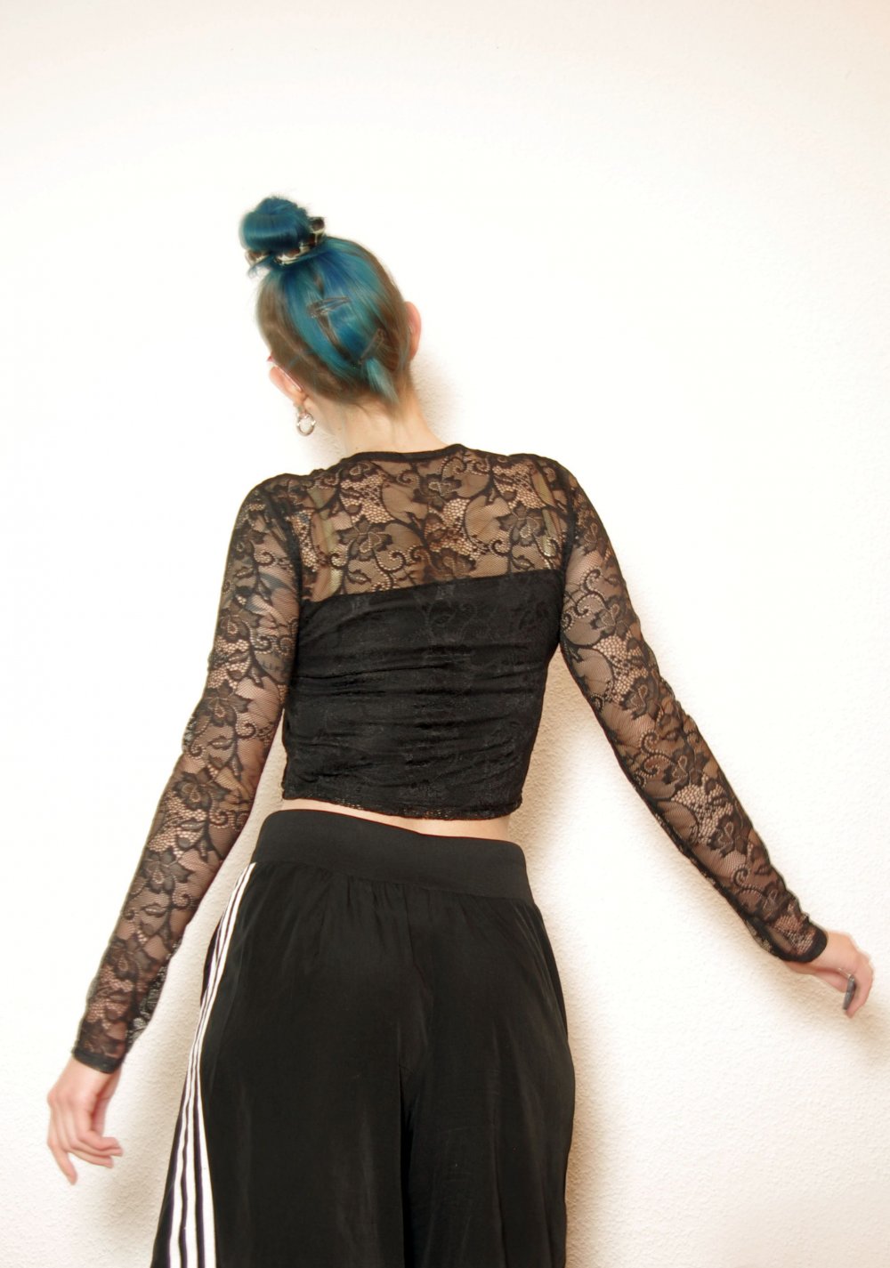 Technoelfen Crop Top Gr. S M Spitzenshirt Langarm Schnürung Goth Lolita