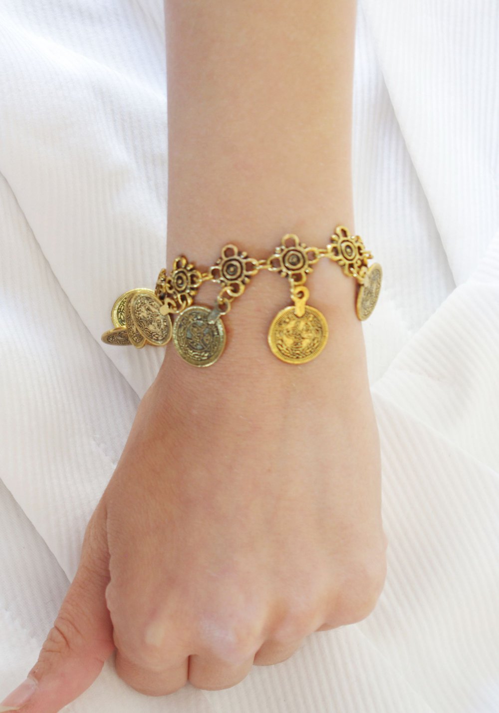 Zartes goldenes Bettelarmband Fußkettchen Blumen Münzen Armkette Hippie Goa Nasty Gal