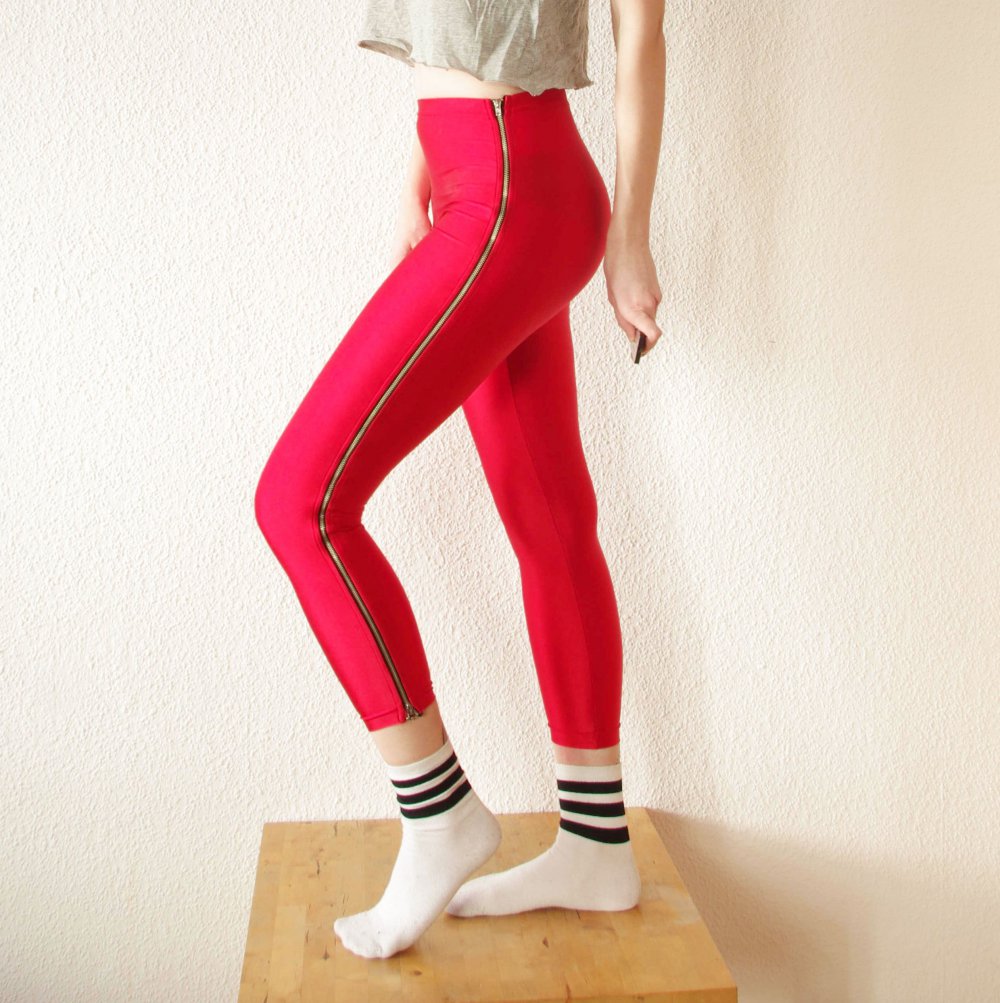 Rote American Apparel Nylon Tricot Side Zip Leggings Gr. S shiny glänzend