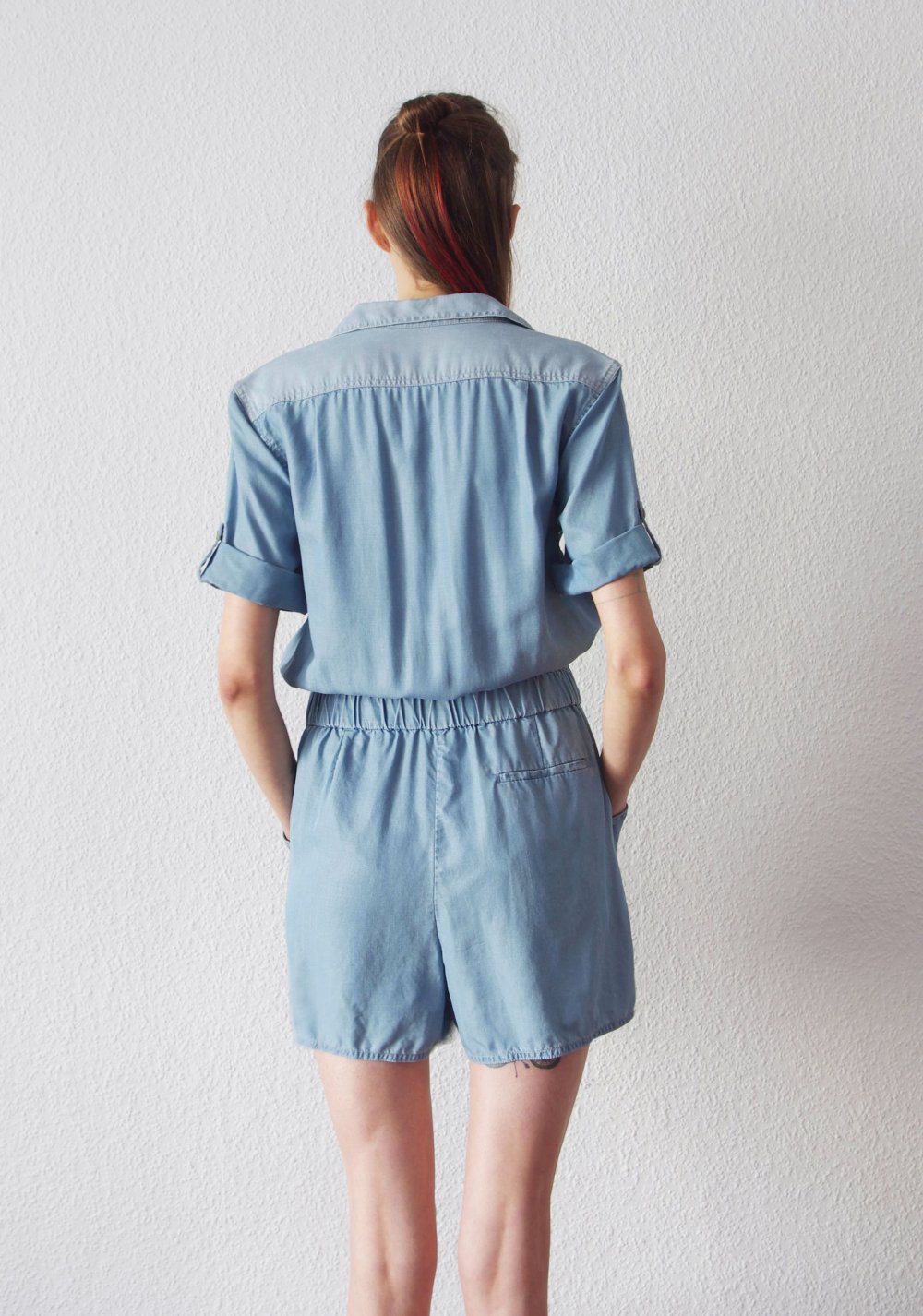 All Saints Jada kurzer Denim Playsuit Gr. 38 S M Jeansoptik Overall Jumpsuit Techno