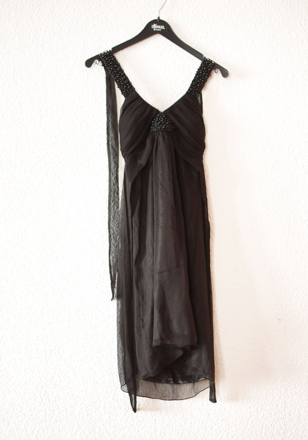 Schwarzes Cocktailkleid Gr. 36 S Neckholder Chiffon rückenfrei Perlen