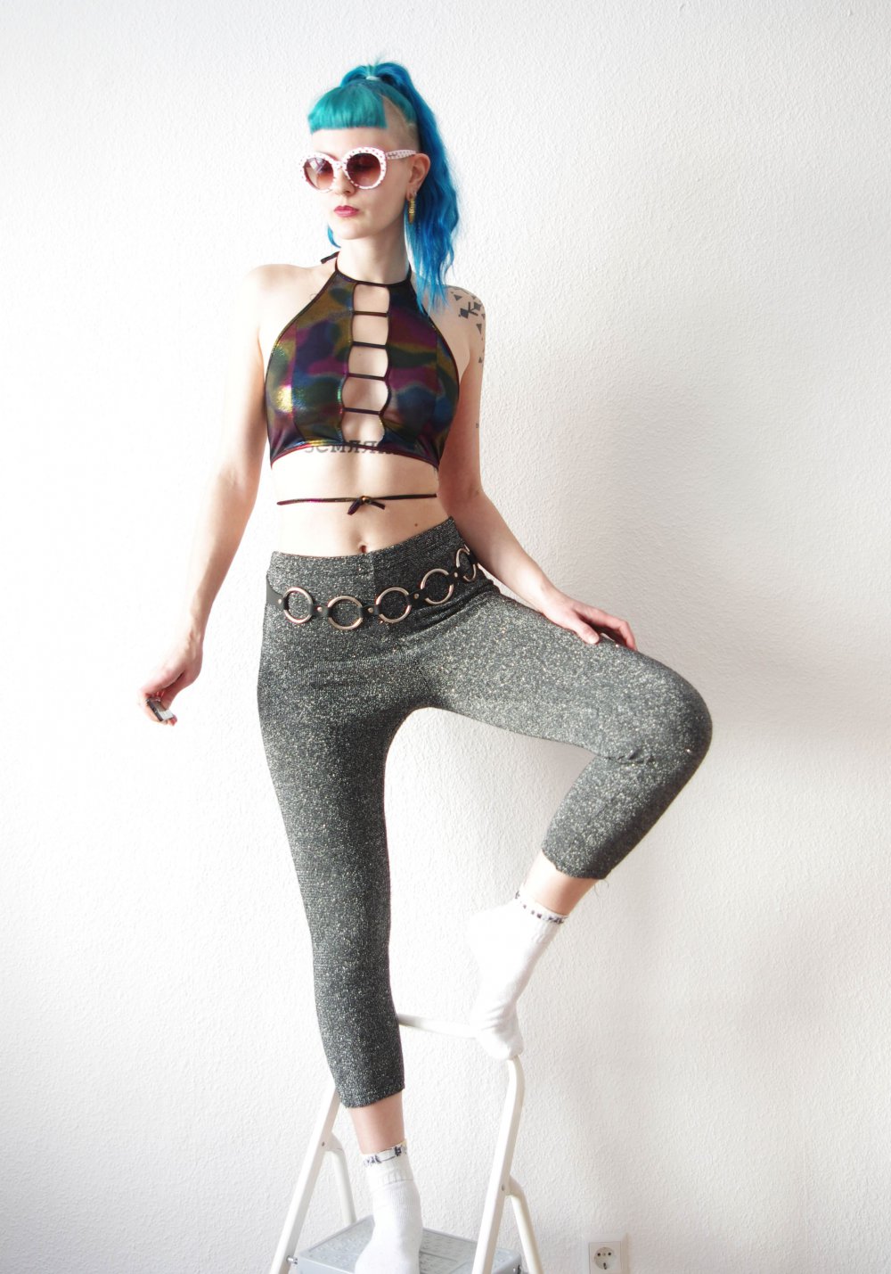 Shiny Glitzer Leggings Gr. M L schwarz silber highwaist Technobarbie Gothic Festival Rave