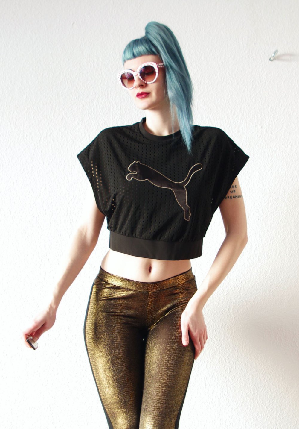 Oversized PUMA Crop Top Gr. M L 40 Mesh Rave Technobarbie Festival Logo y2k