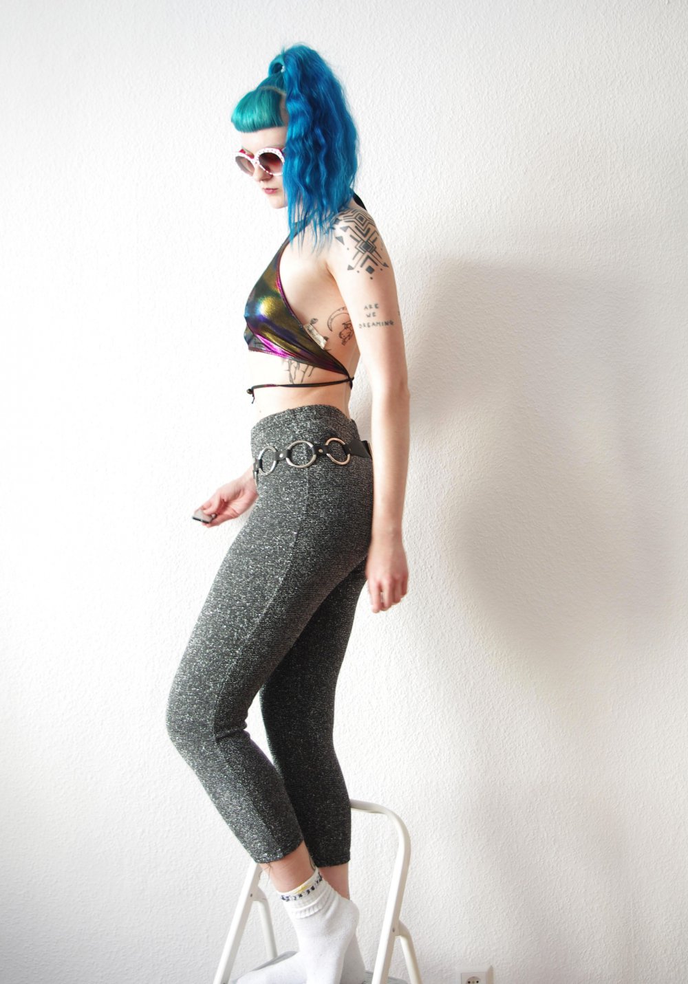 Shiny Glitzer Leggings Gr. M L schwarz silber highwaist Technobarbie Gothic Festival Rave