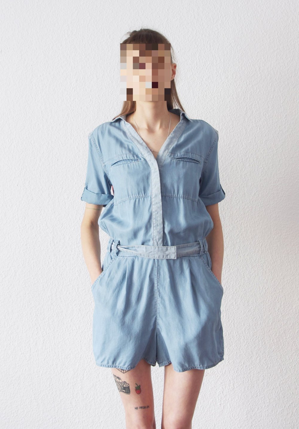 All Saints Jada kurzer Denim Playsuit Gr. 38 S M Jeansoptik Overall Jumpsuit Techno