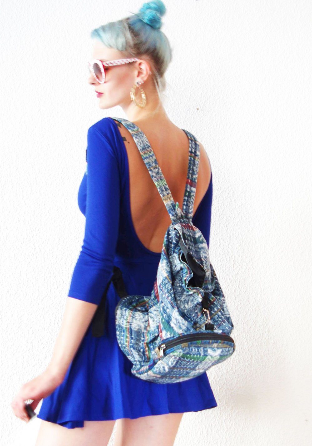 Kleiner bunter Hippie Rucksack blau Festival Rave Party Strand denim