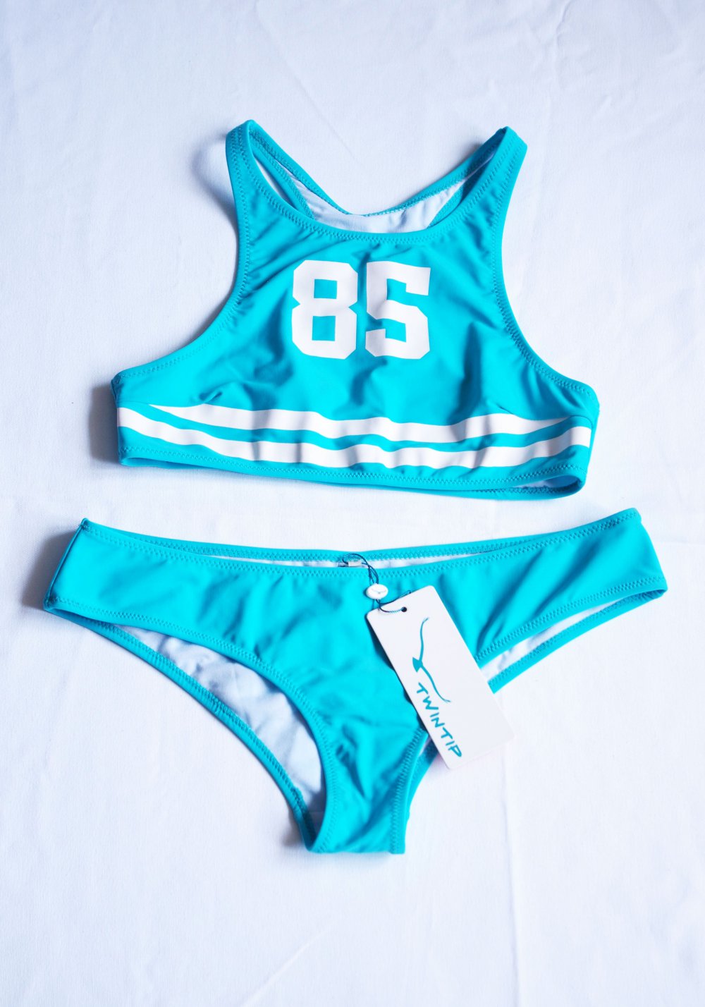 Sportliches Bikini Twinset Gr. M 38 40 Zweiteiler retro sporty Rave türkis weiß Streifen