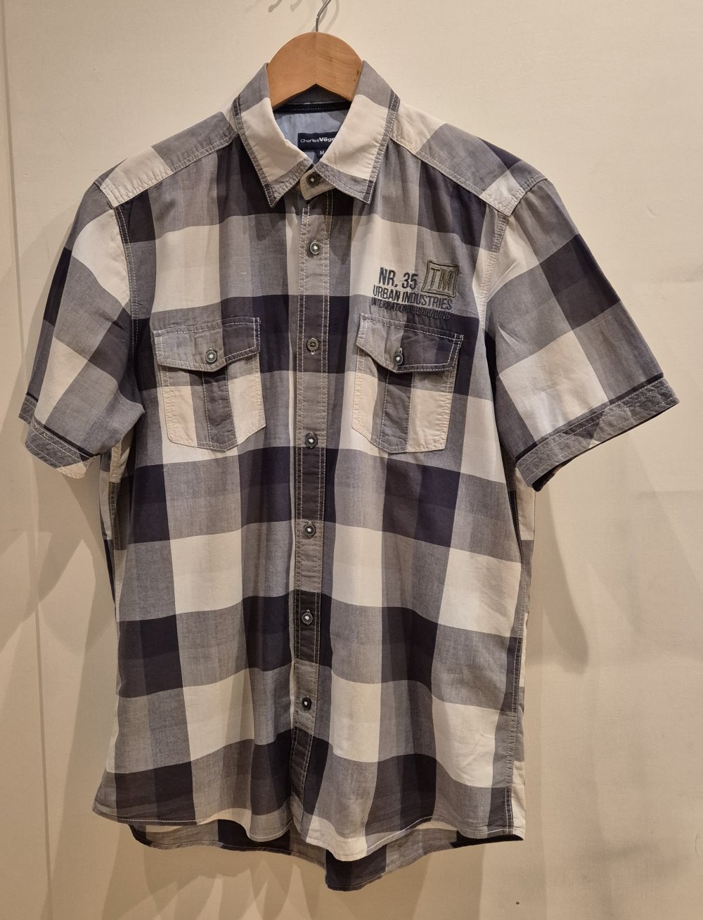 Charles Vögele Hemd kurzarm blau grau karriert Gr M